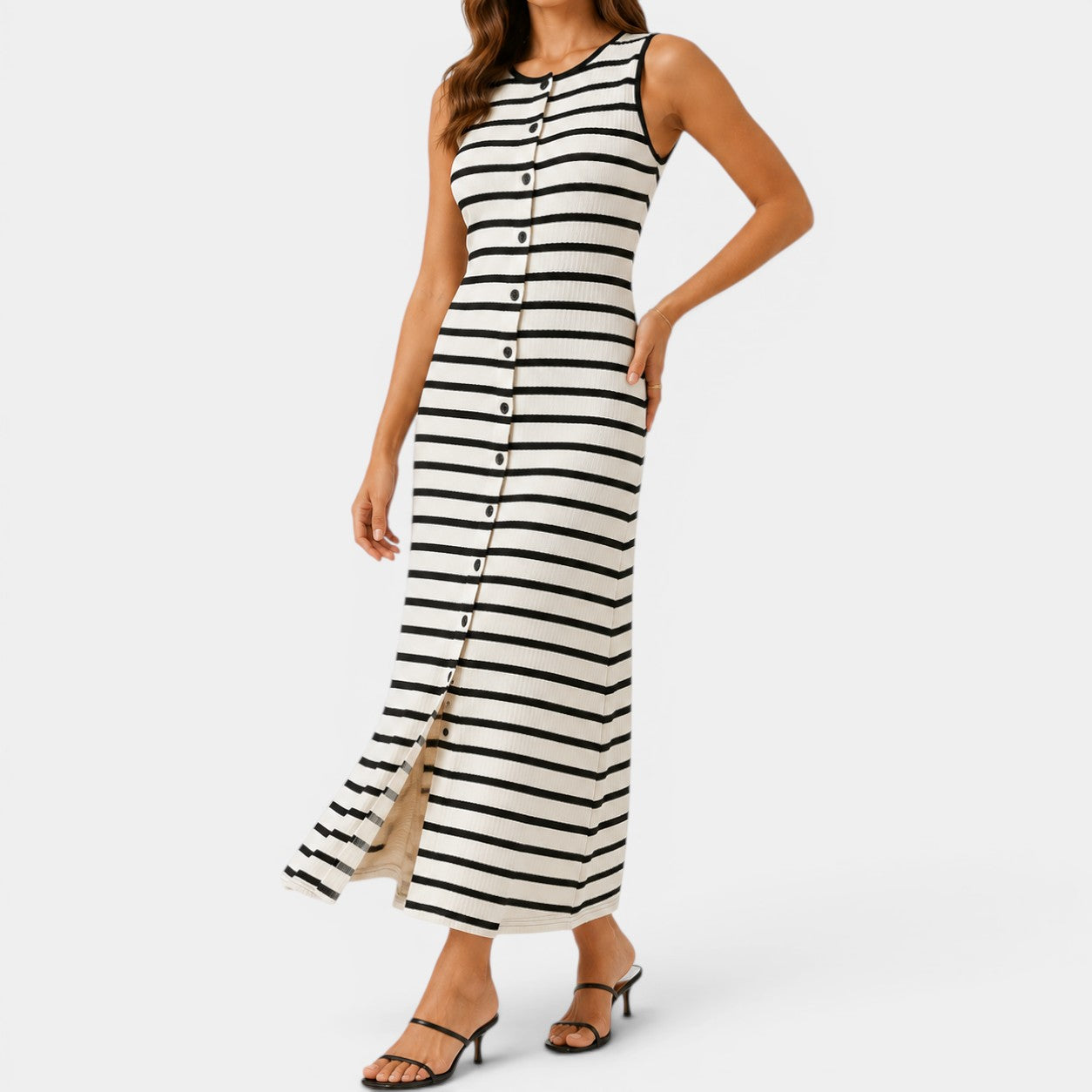 Celrien | Women’s Elegant Striped Sleeveless Button Up Midi Dress Slim Fit