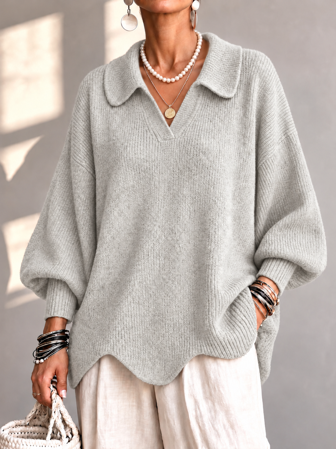 Chic Collared Scalloped Hem Knit Sweater