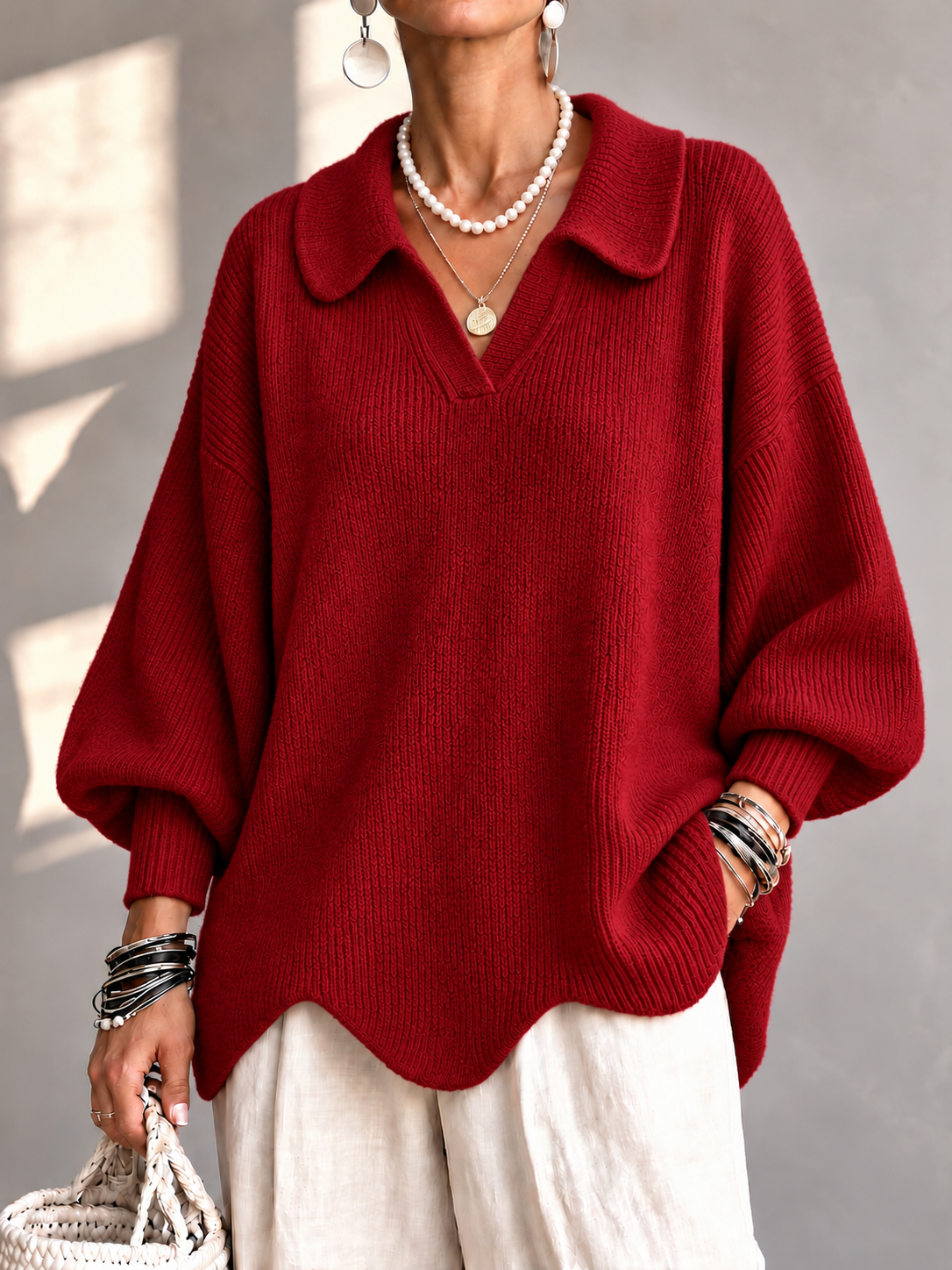 Chic Collared Scalloped Hem Knit Sweater