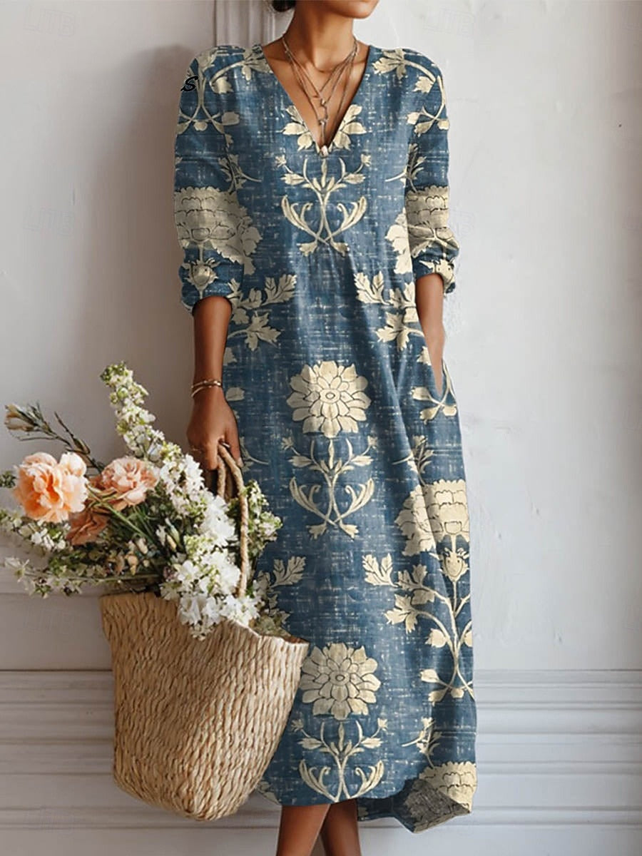 Celrien | Women's Boho Linen Floral V-Neck Pocket Midi Dress