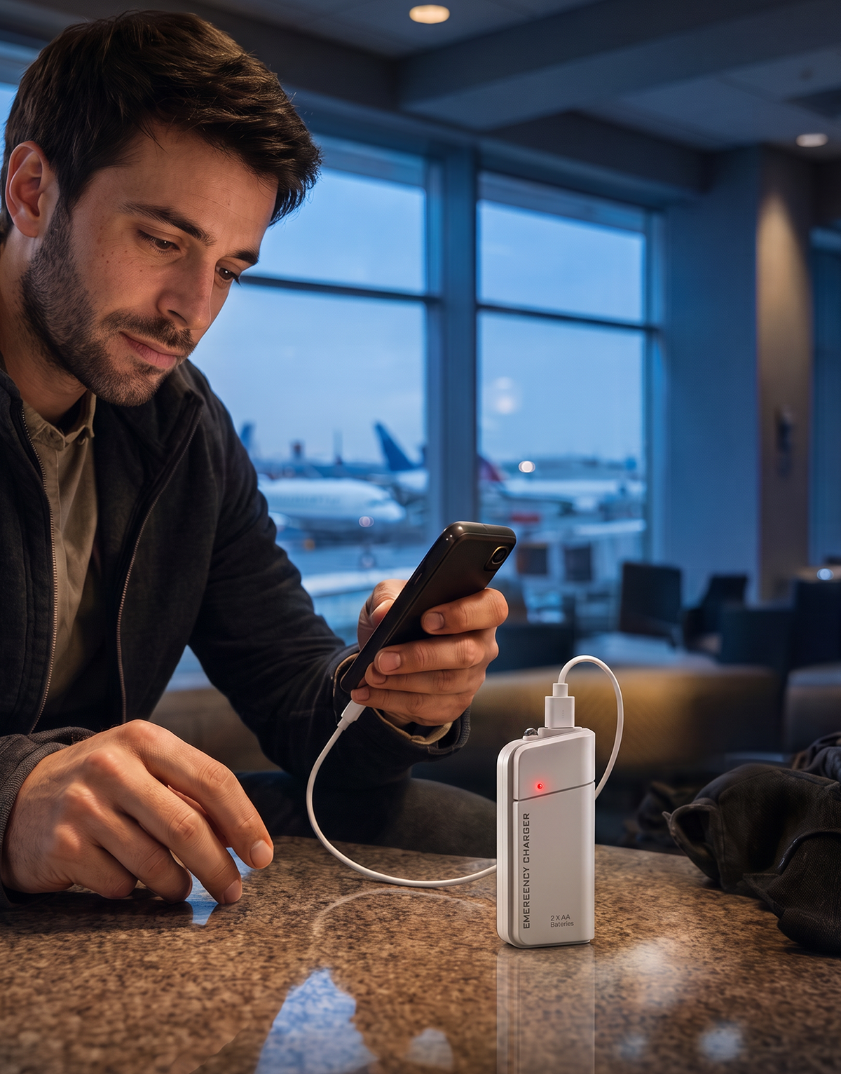 Portable Emergency Charger with AA Batteries – USB Charging, Compact and with LED Flashlight – Perfect for Travel, Commuting and Power Outages