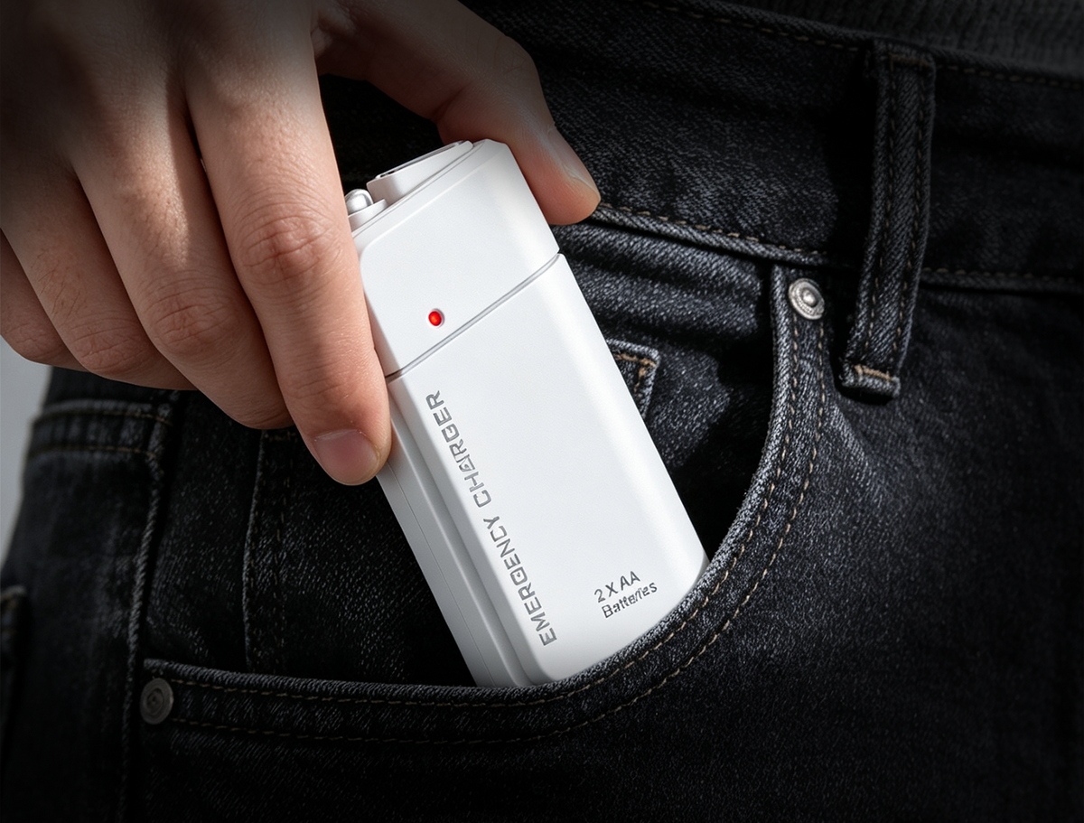 Portable Emergency Charger with AA Batteries – USB Charging, Compact and with LED Flashlight – Perfect for Travel, Commuting and Power Outages
