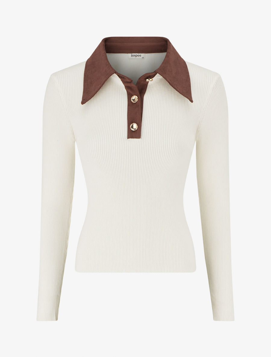 Fine Ribbed Knit Sweater with Buttoned Suede-Effect Collar - Ecru