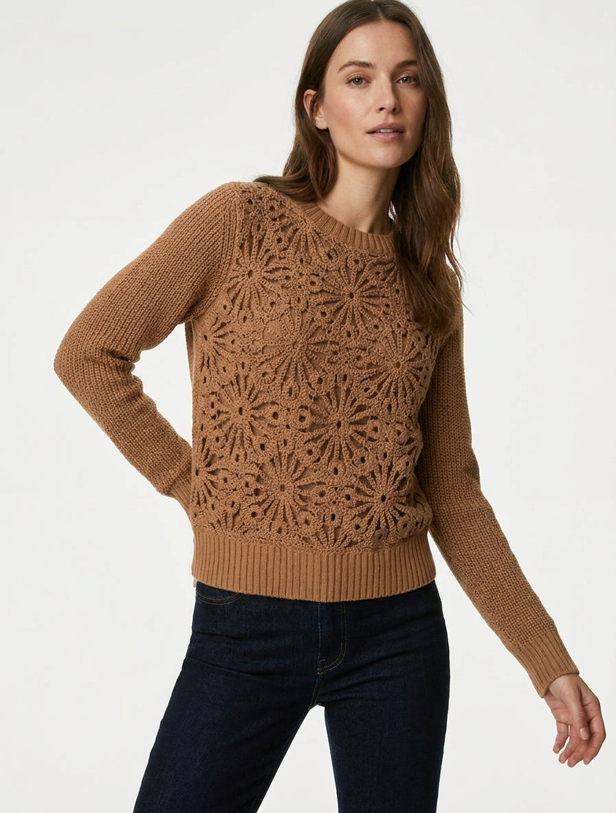 Cotton Round Neck Sweater with Macramé Knit