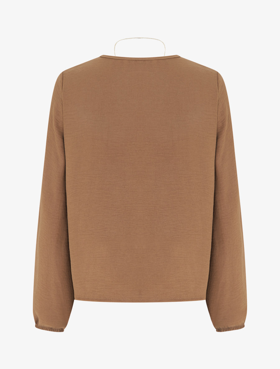Flowing V-Neck Long Sleeve Top - Camel