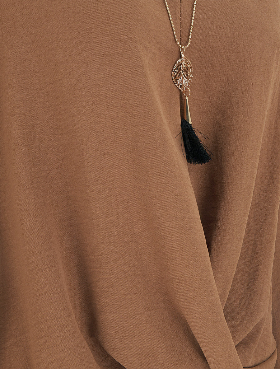 Flowing V-Neck Long Sleeve Top - Camel