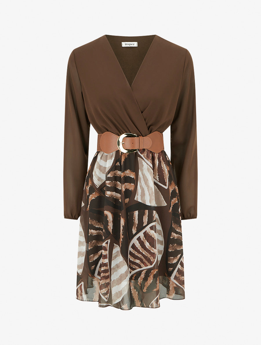 Belted Wrap-Front Flowing Dress