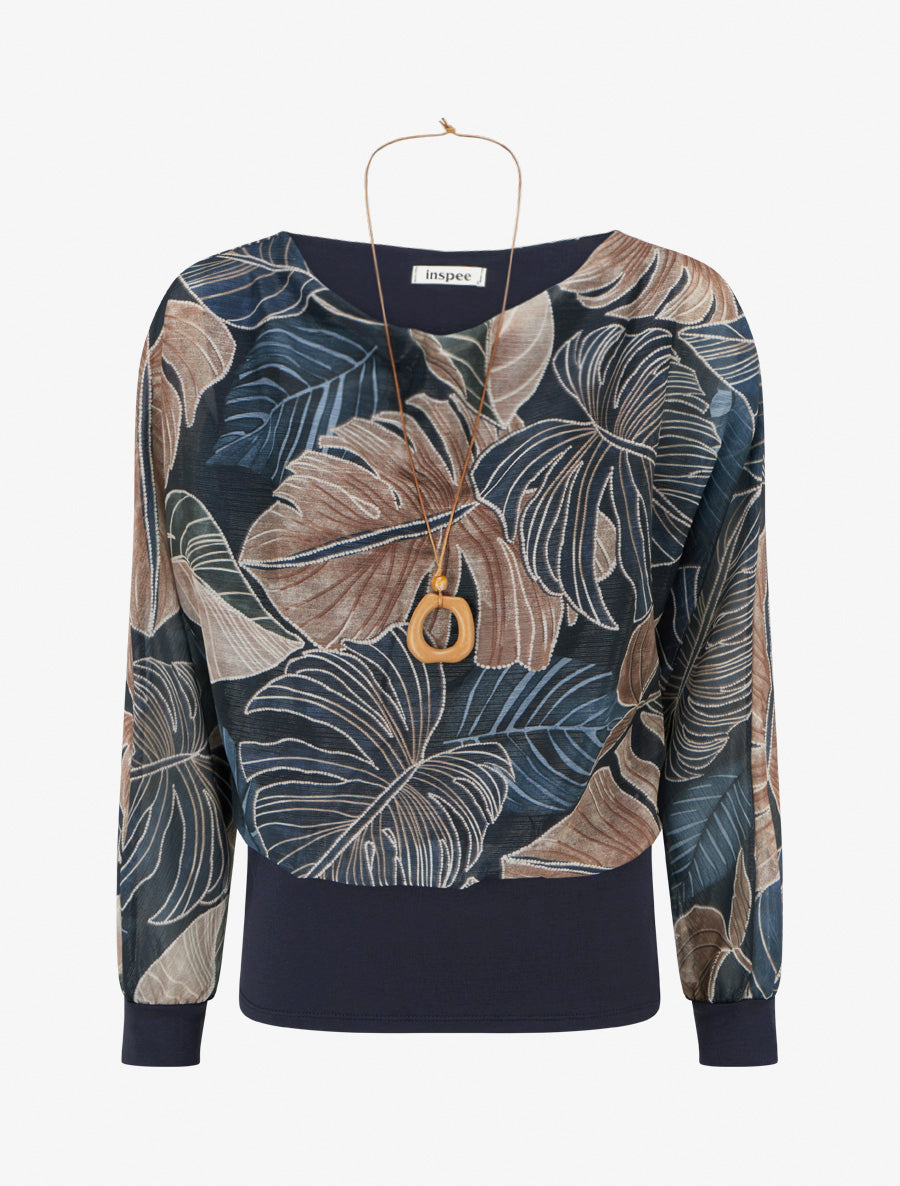 Sheer Balloon-Cut Top with Tropical Print