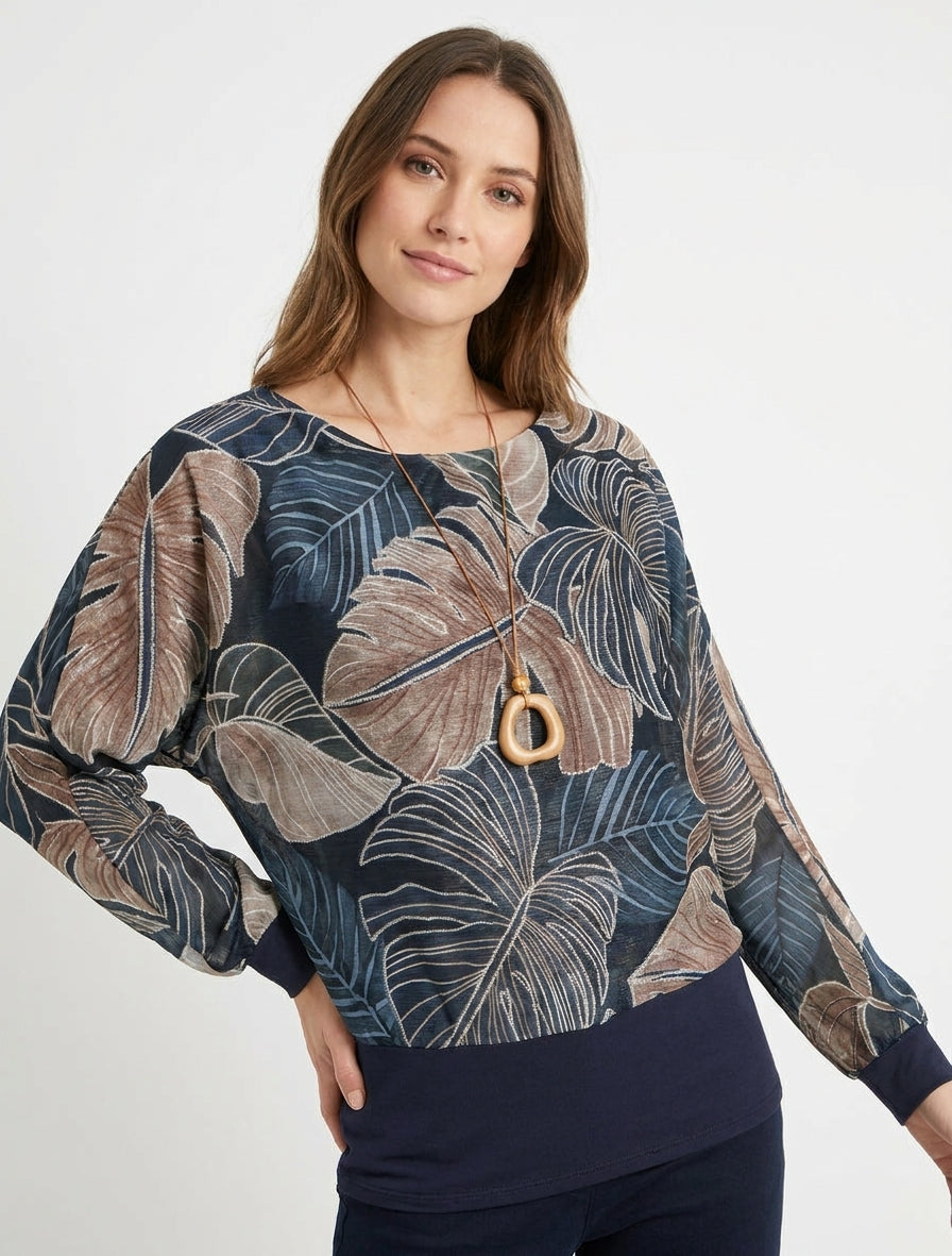 Sheer Balloon-Cut Top with Tropical Print
