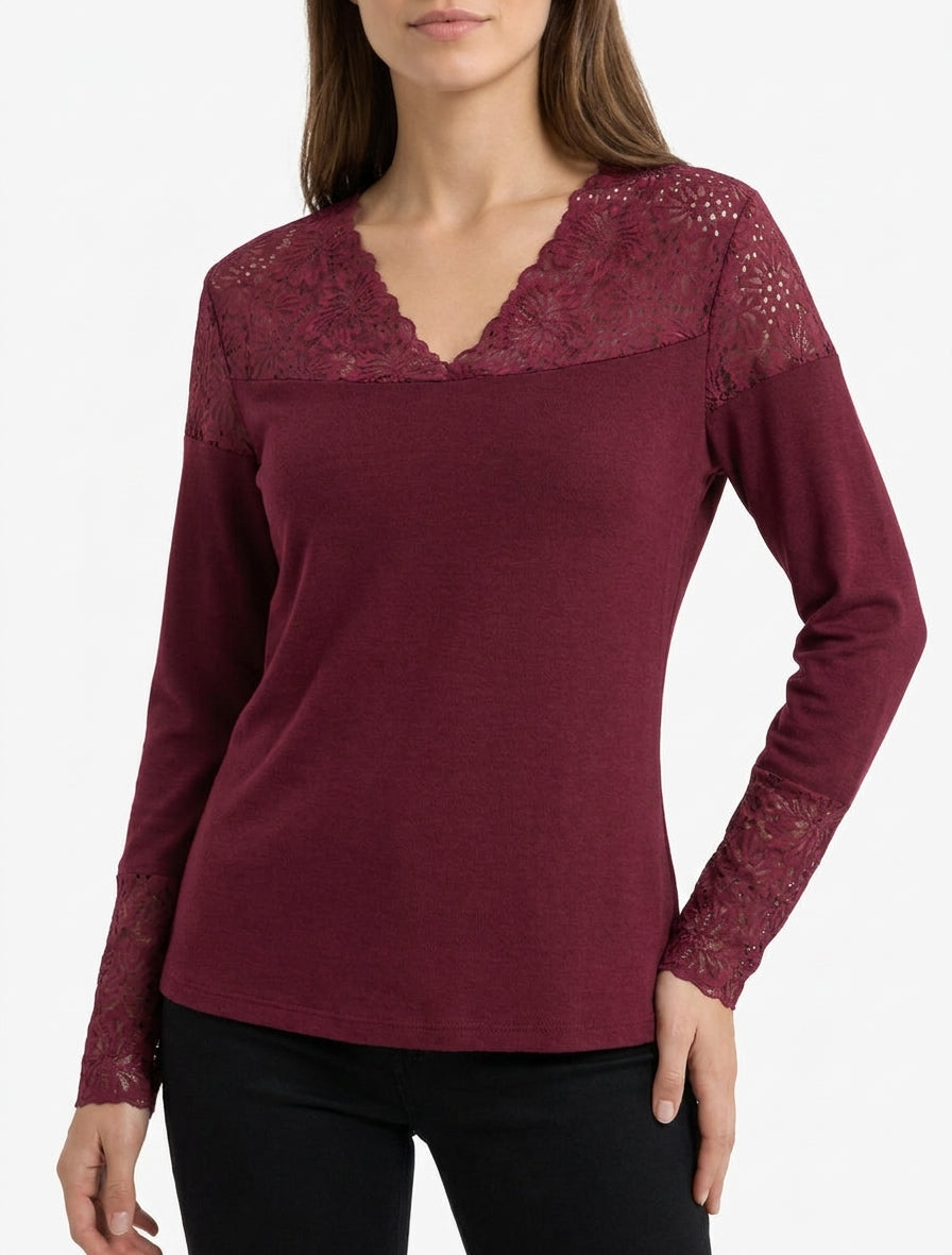 Fine Knit V-Neck Sweater with Lace