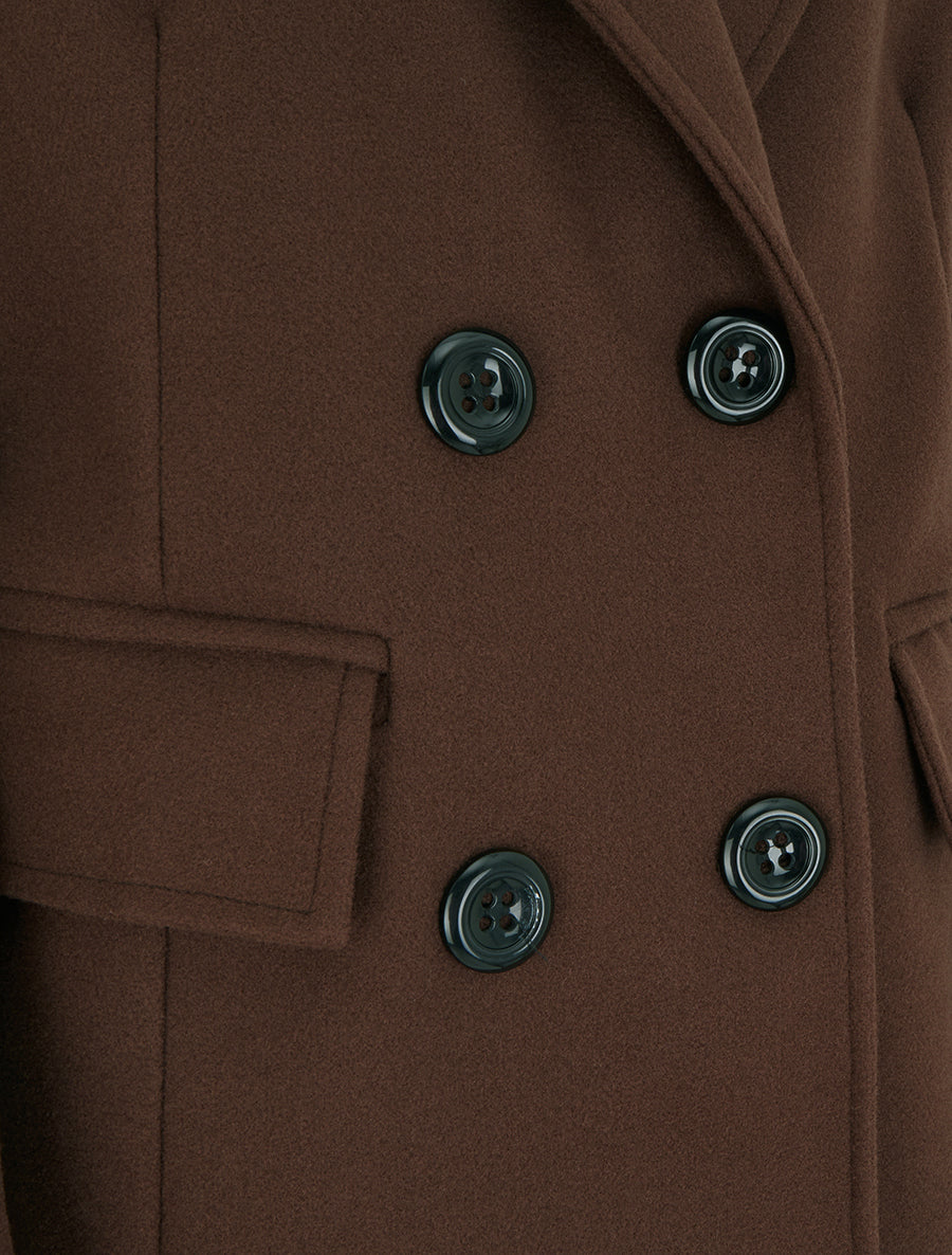 Long Double-Breasted Coat with Shoulder Pads - Brown