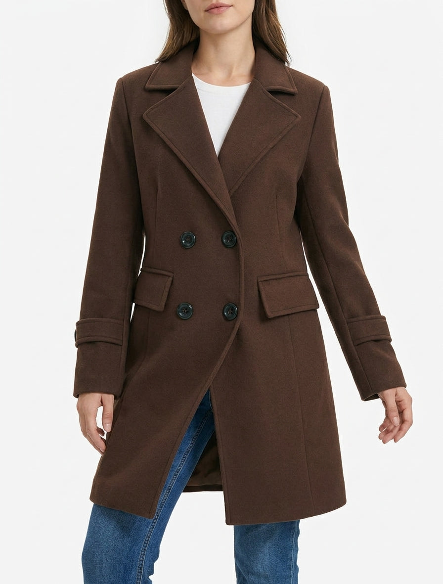 Long Double-Breasted Coat with Shoulder Pads - Brown