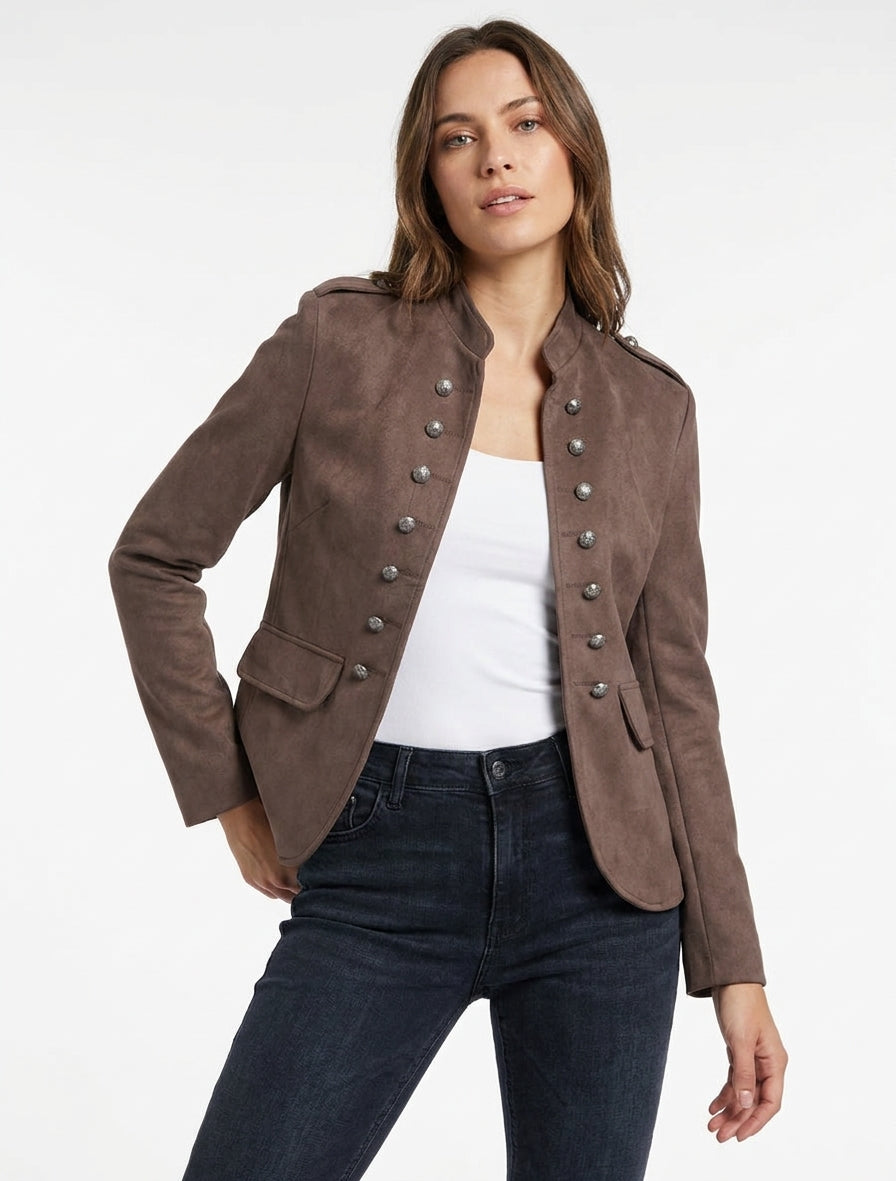 Suede-Effect Officer Stand Collar Jacket