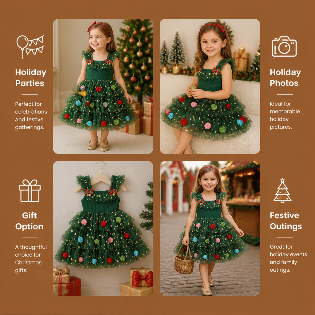 Girls' Christmas Tutu Dress with Pom-Poms, Sequin Stars & Ruffled Sleeves