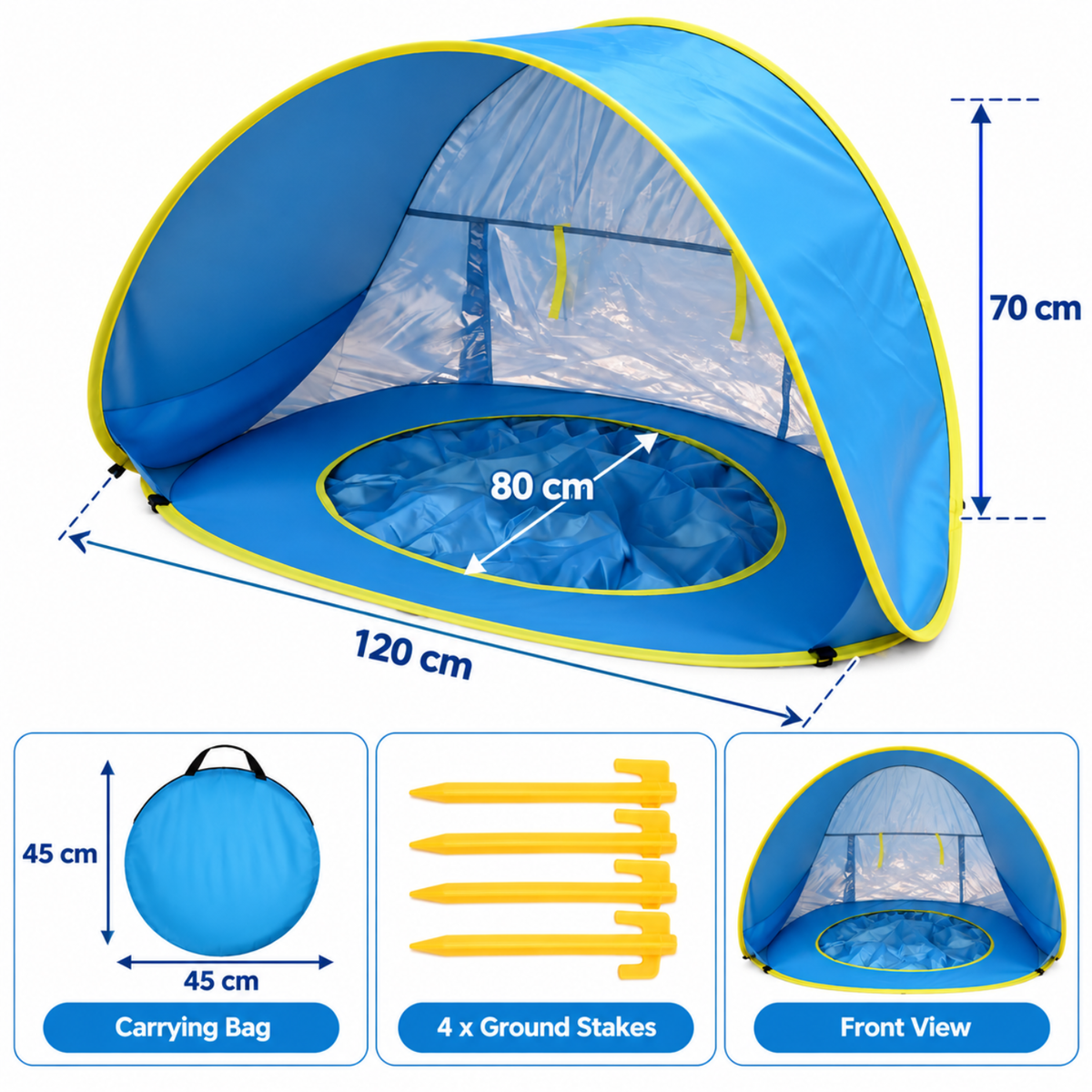 3-in-1 Baby Beach Tent with Splash Pool | UPF 50+ Pop-Up Sun Shade - Blue