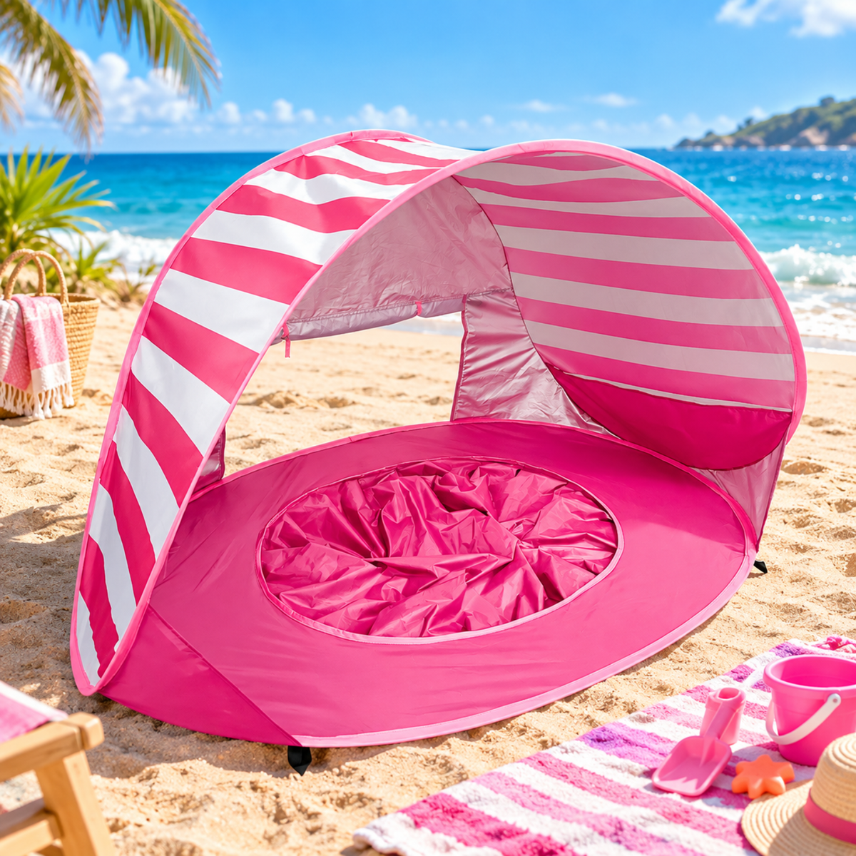 3-in-1 Baby Beach Tent with Splash Pool | UPF 50+ Pop-Up Sun Shade - Striped Pink