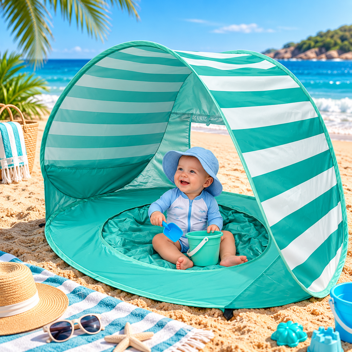 3-in-1 Baby Beach Tent with Splash Pool | UPF 50+ Pop-Up Sun Shade - Aqua