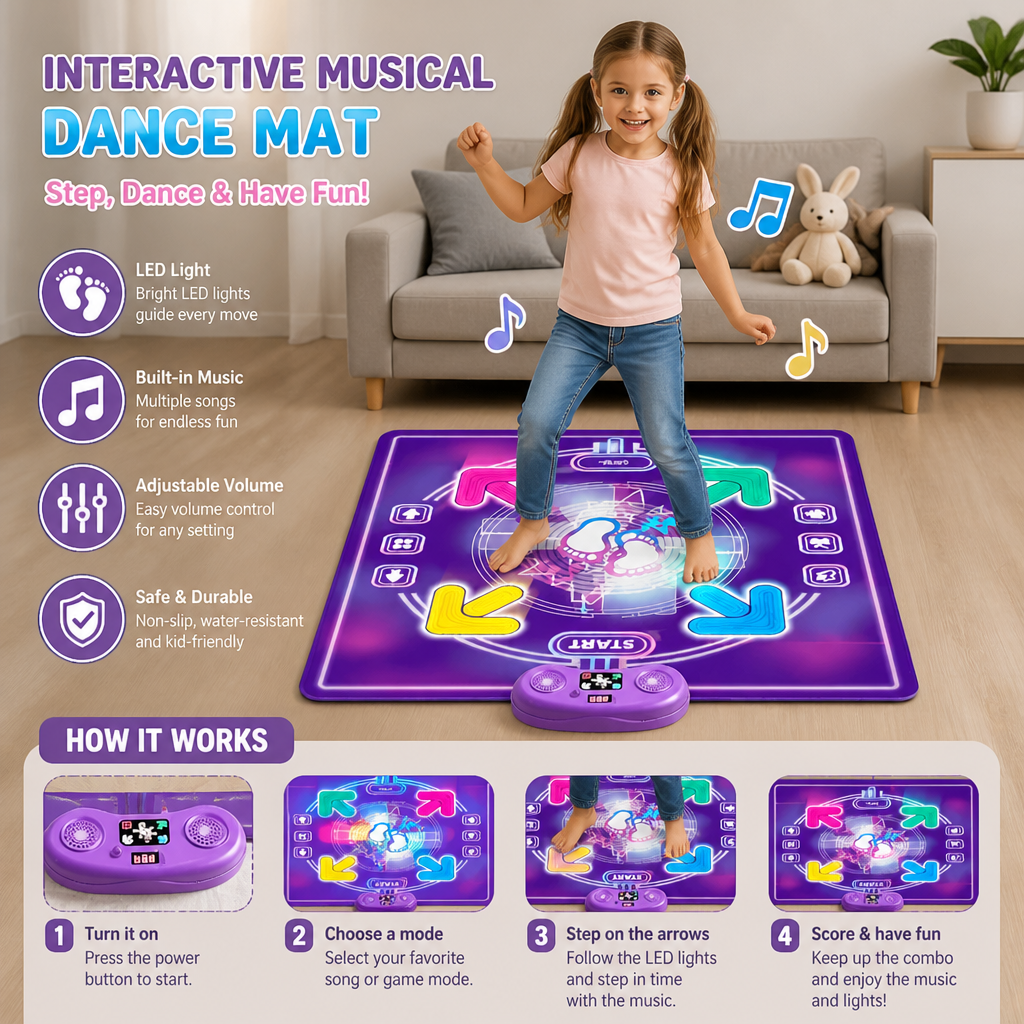 Interactive Musical Dance Mat with LED Lights for Kids