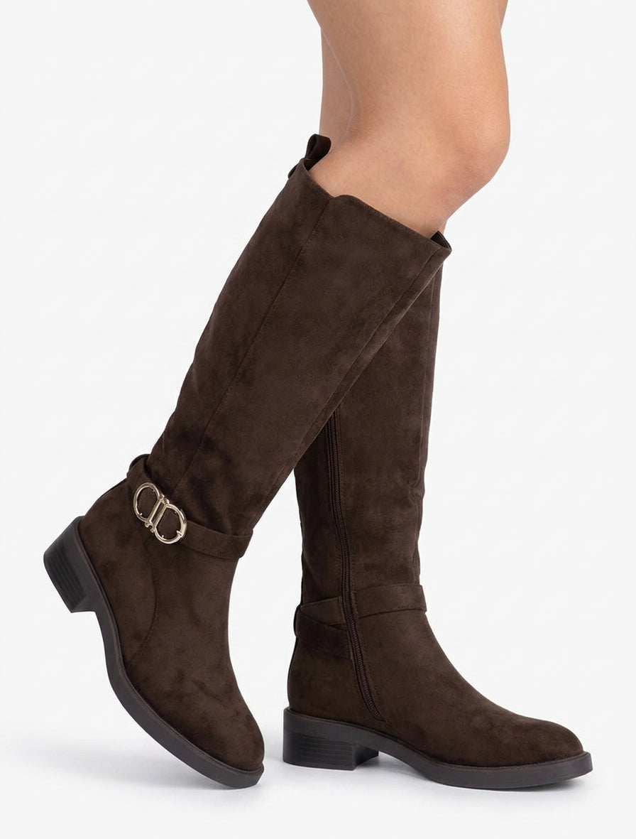 Suede Block Heel Boots with Buckle