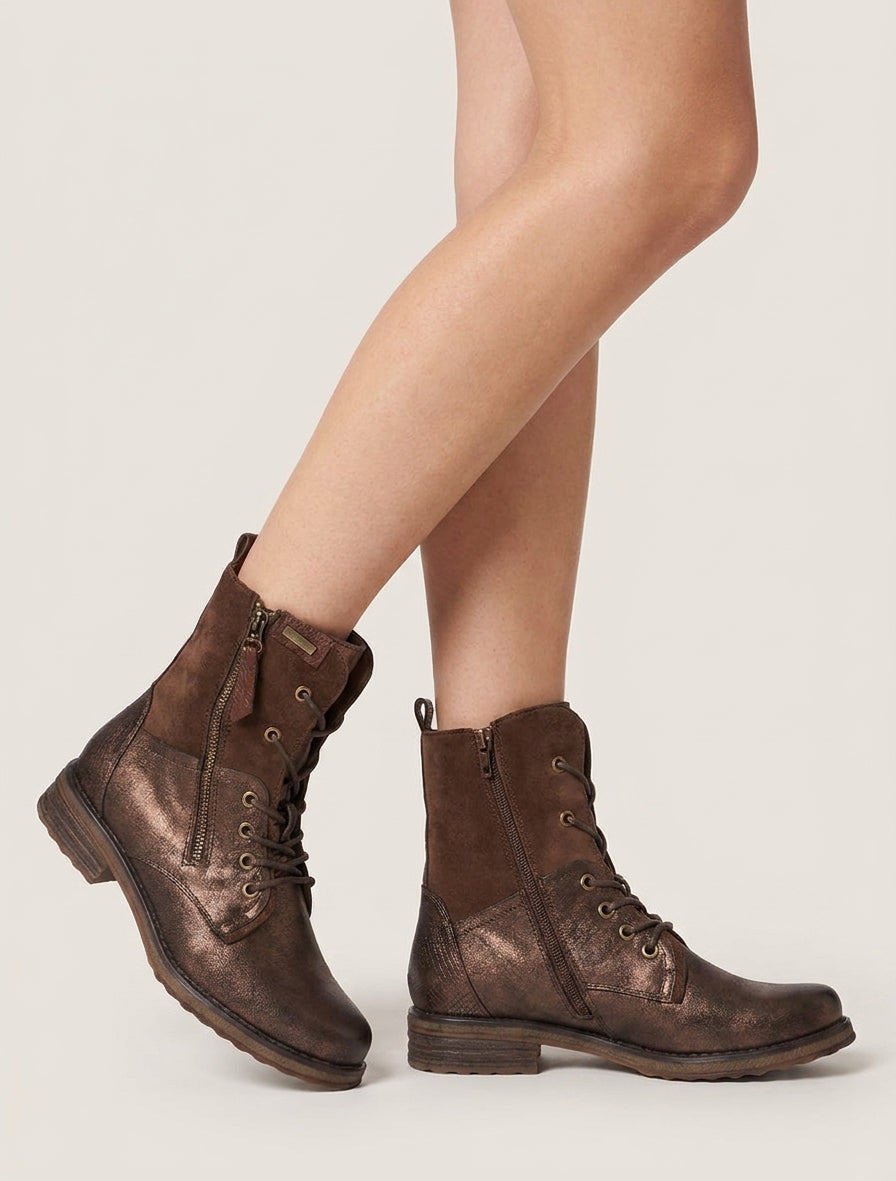 Two-Material Block Heel Ankle Boots - Brown