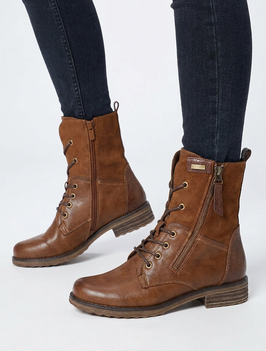 Two-Tone Block Heel Ankle Boots - Camel