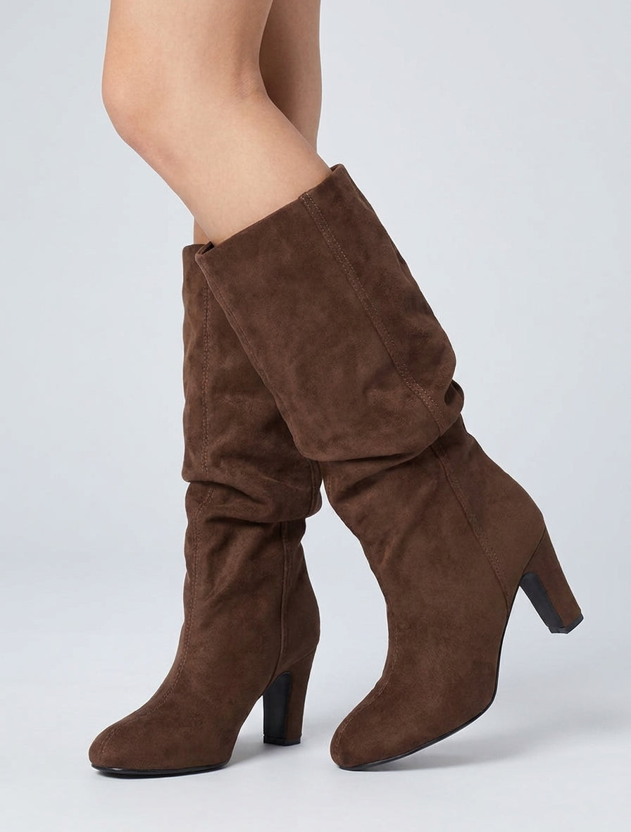 Suede-Effect Block Heel Boots - Camel