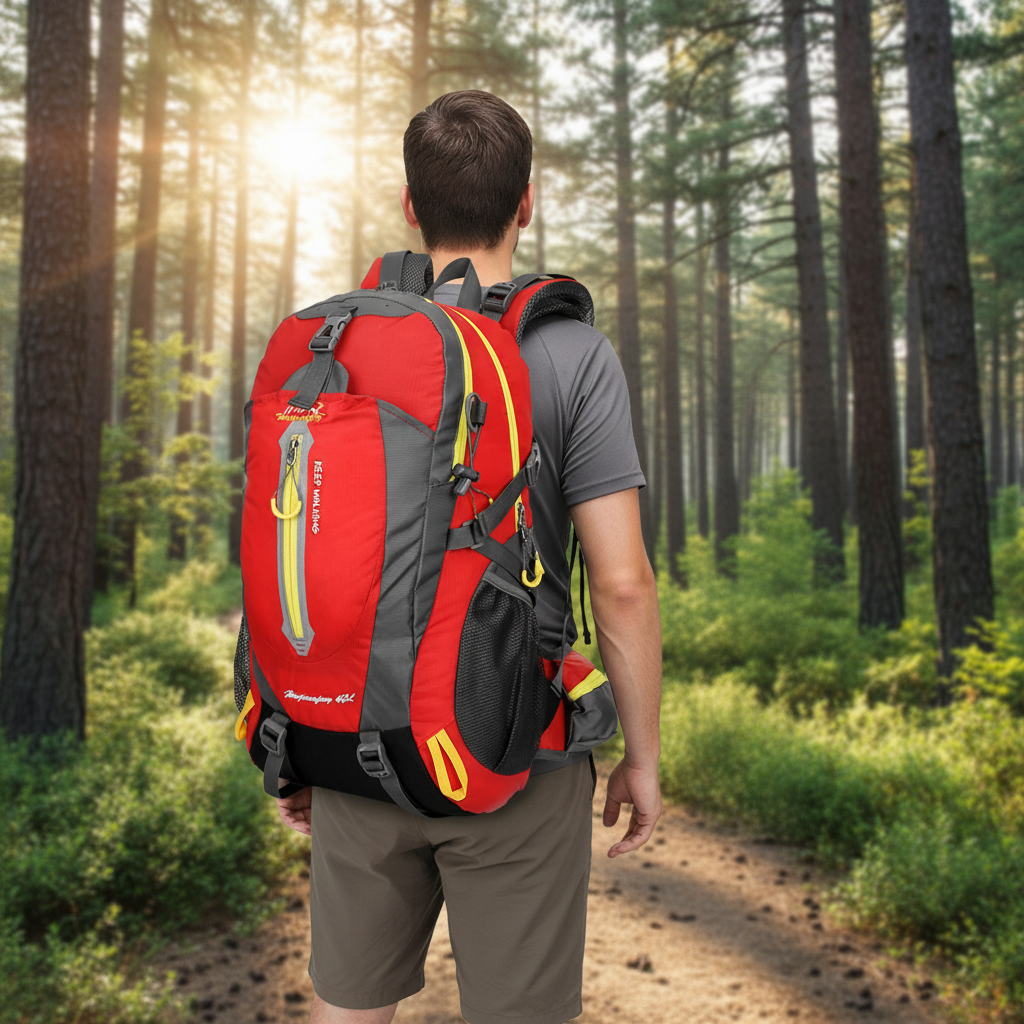 40-liter waterproof backpack with padded back panel and laptop compartment