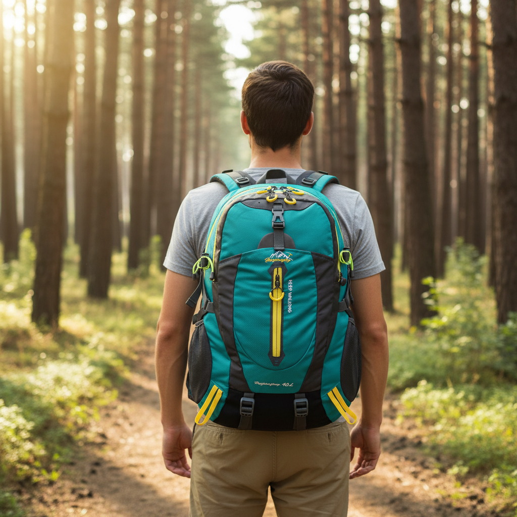 40-liter waterproof backpack with padded back panel and laptop compartment