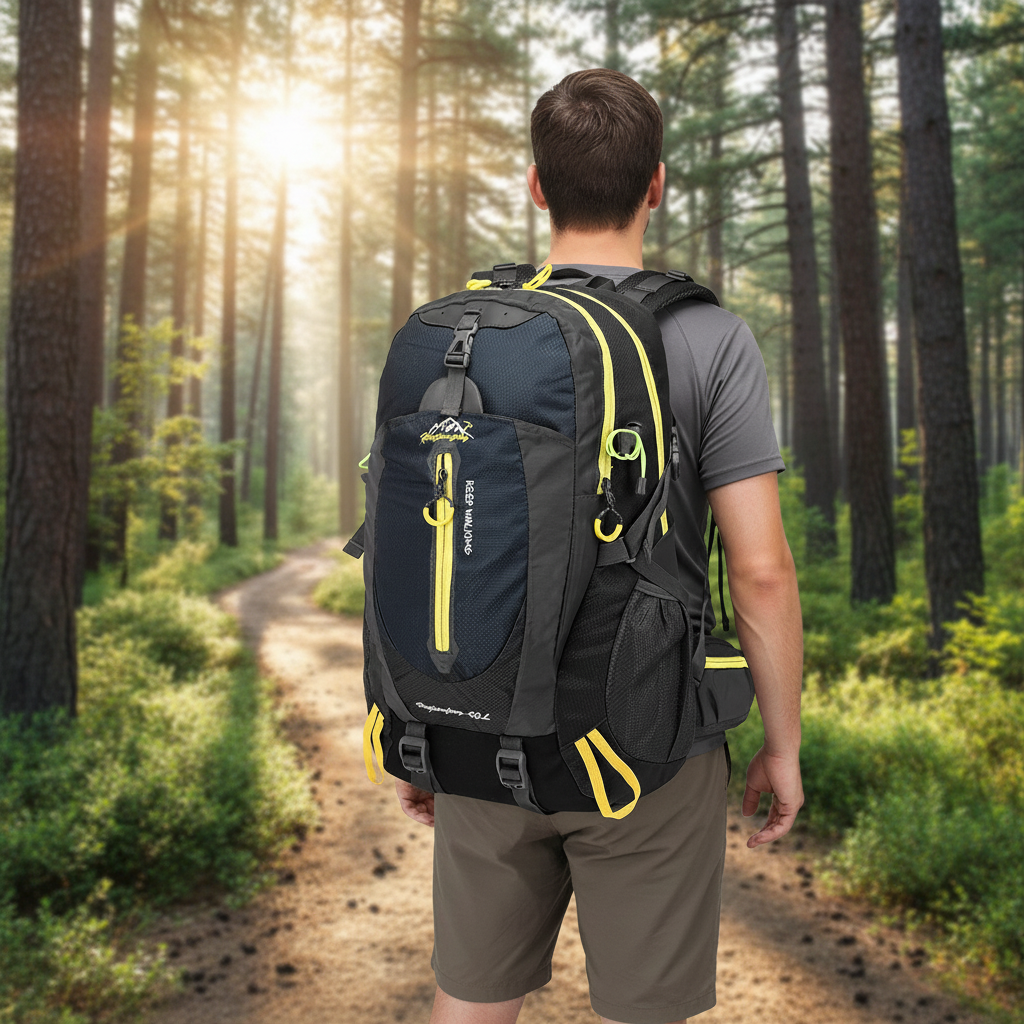 40-liter waterproof backpack with padded back panel and laptop compartment