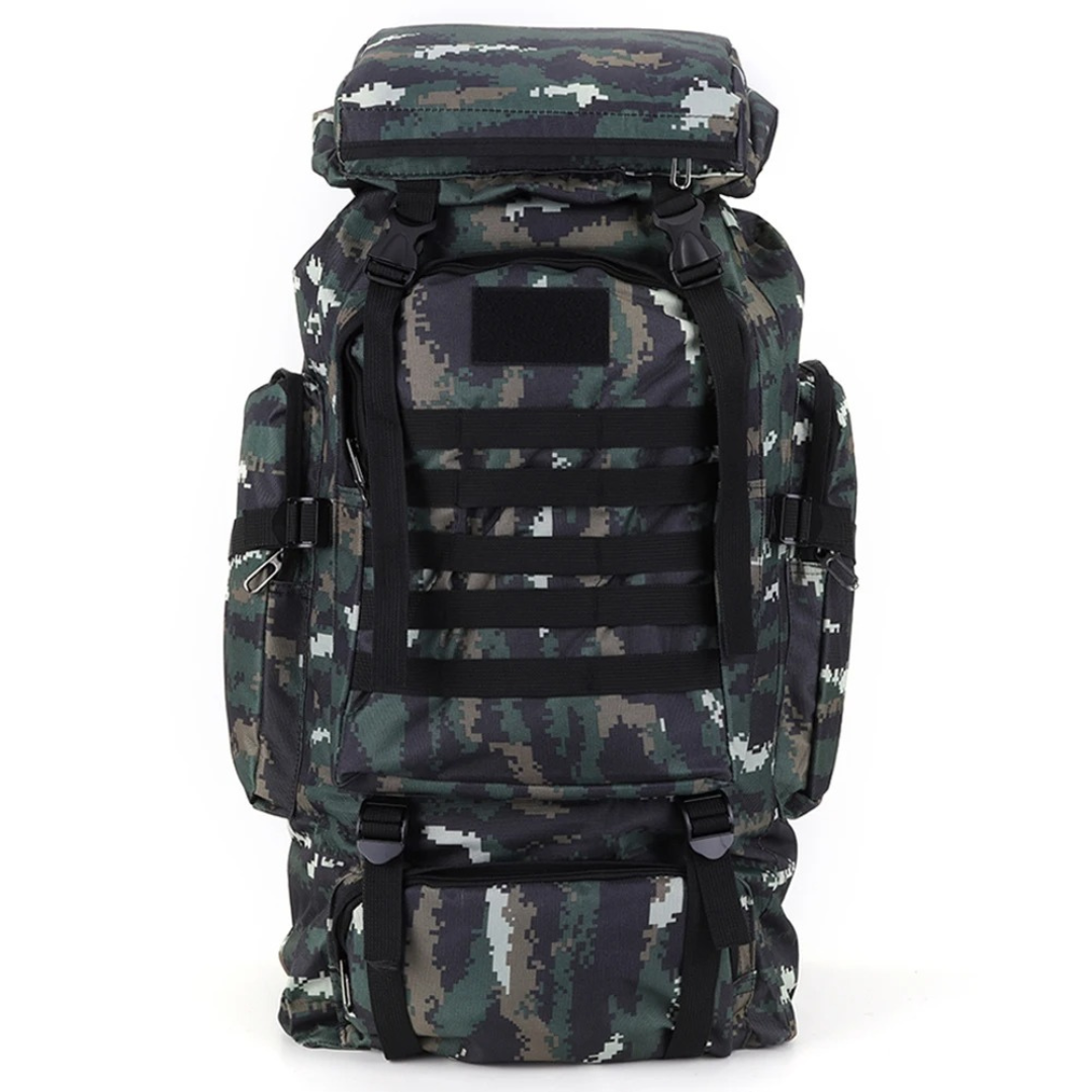 Trekking backpack with MOLLE webbing and padded back panel for hiking