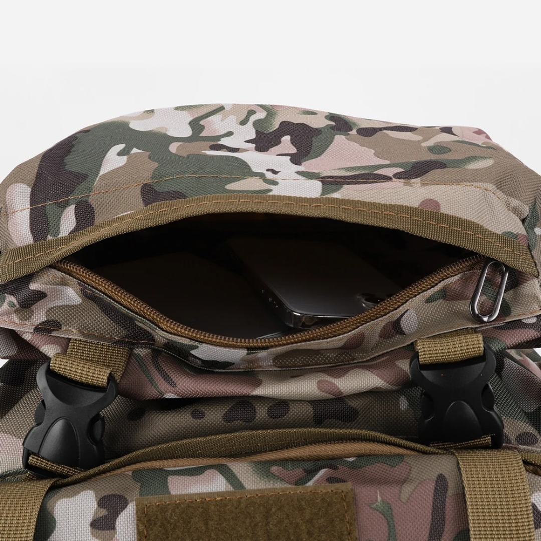 Trekking backpack with MOLLE webbing and padded back panel for hiking