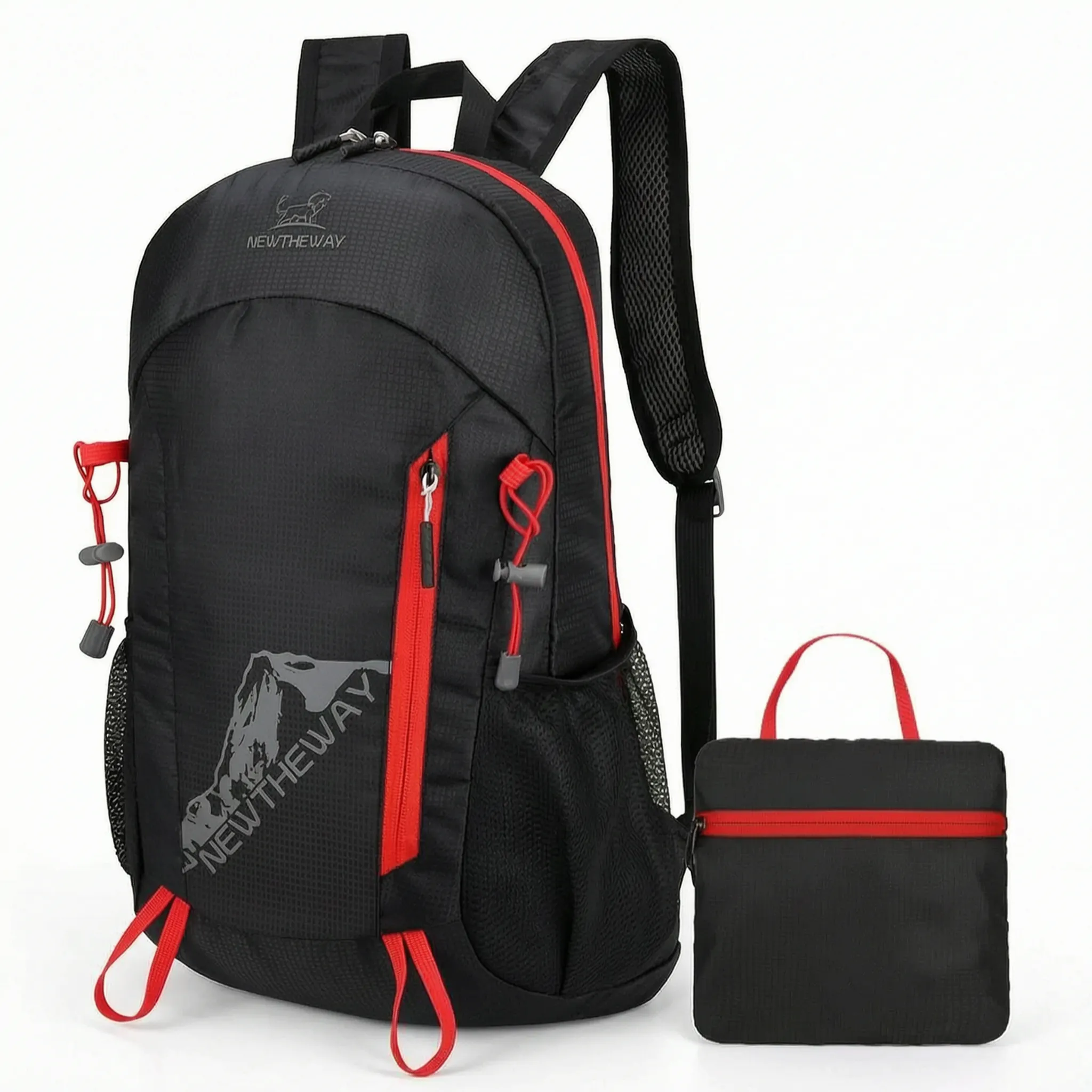 Packable daypack with water-repellent finish and breathable mesh straps