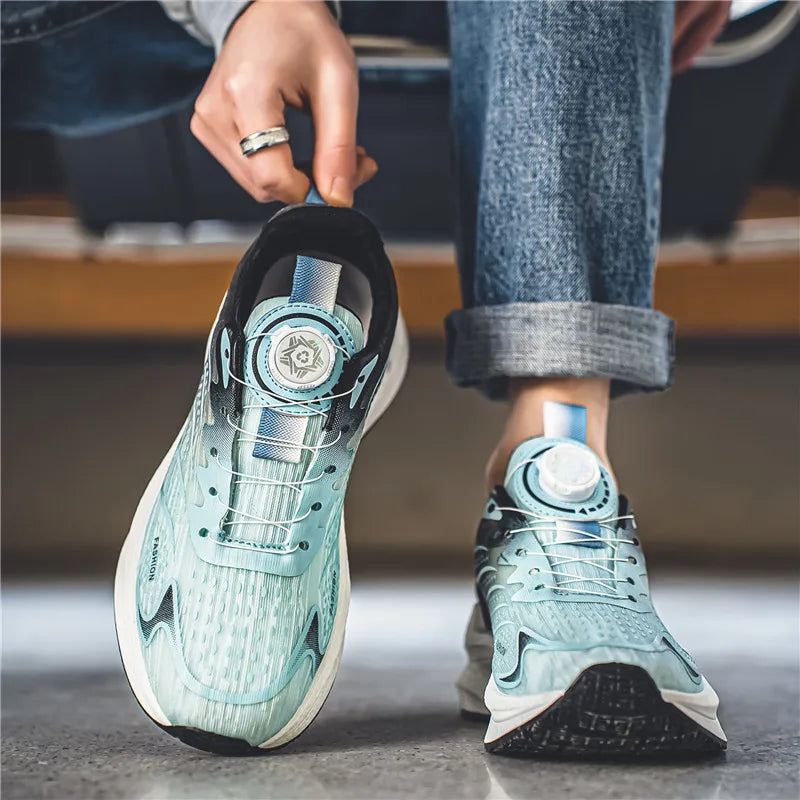 Men's breathable running shoes with rotating buckle closure and lightweight cushioned midsole