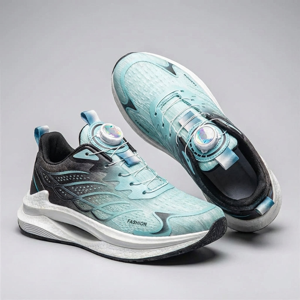 Men's breathable running shoes with rotating buckle closure and lightweight cushioned midsole