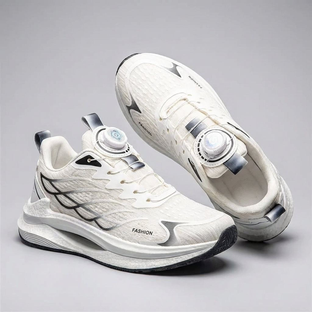 Men's breathable running shoes with rotating buckle closure and lightweight cushioned midsole