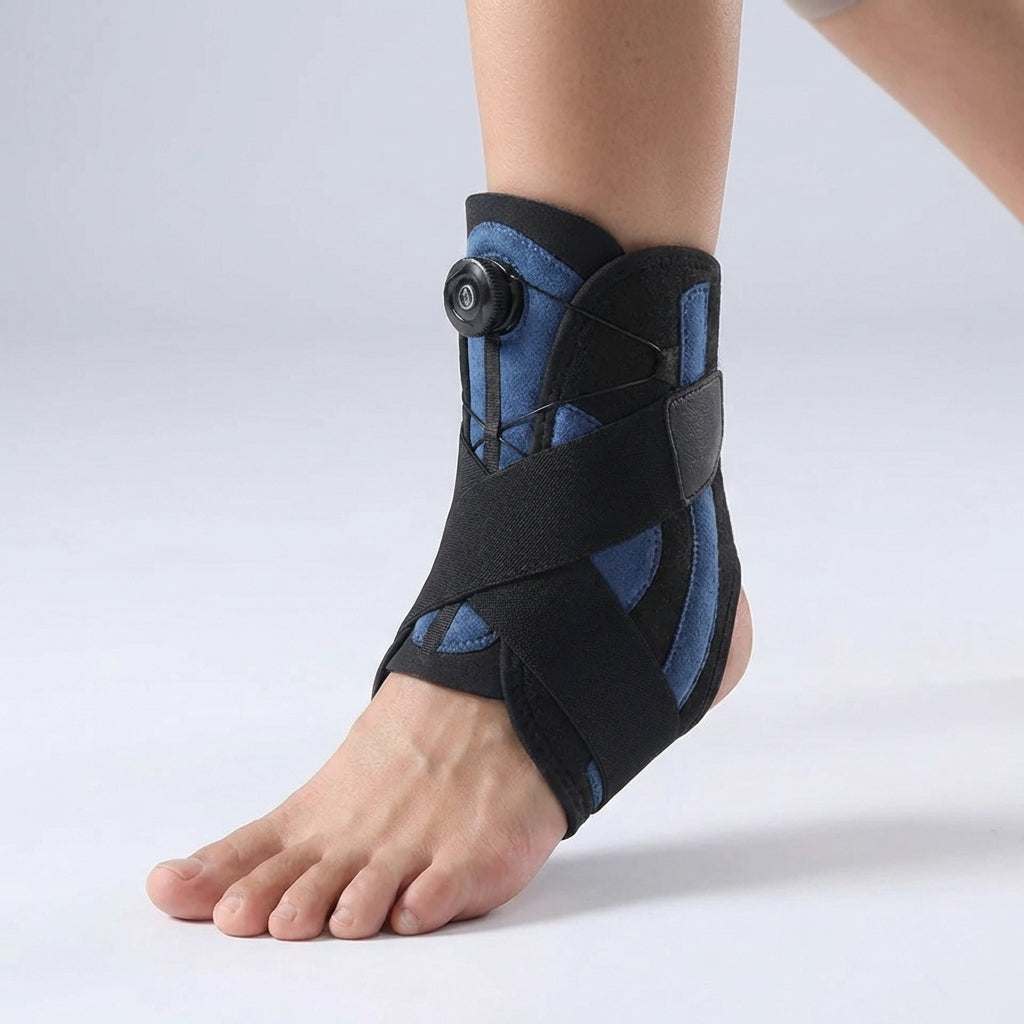 Adjustable ankle support with compression dial and lateral stabilizers