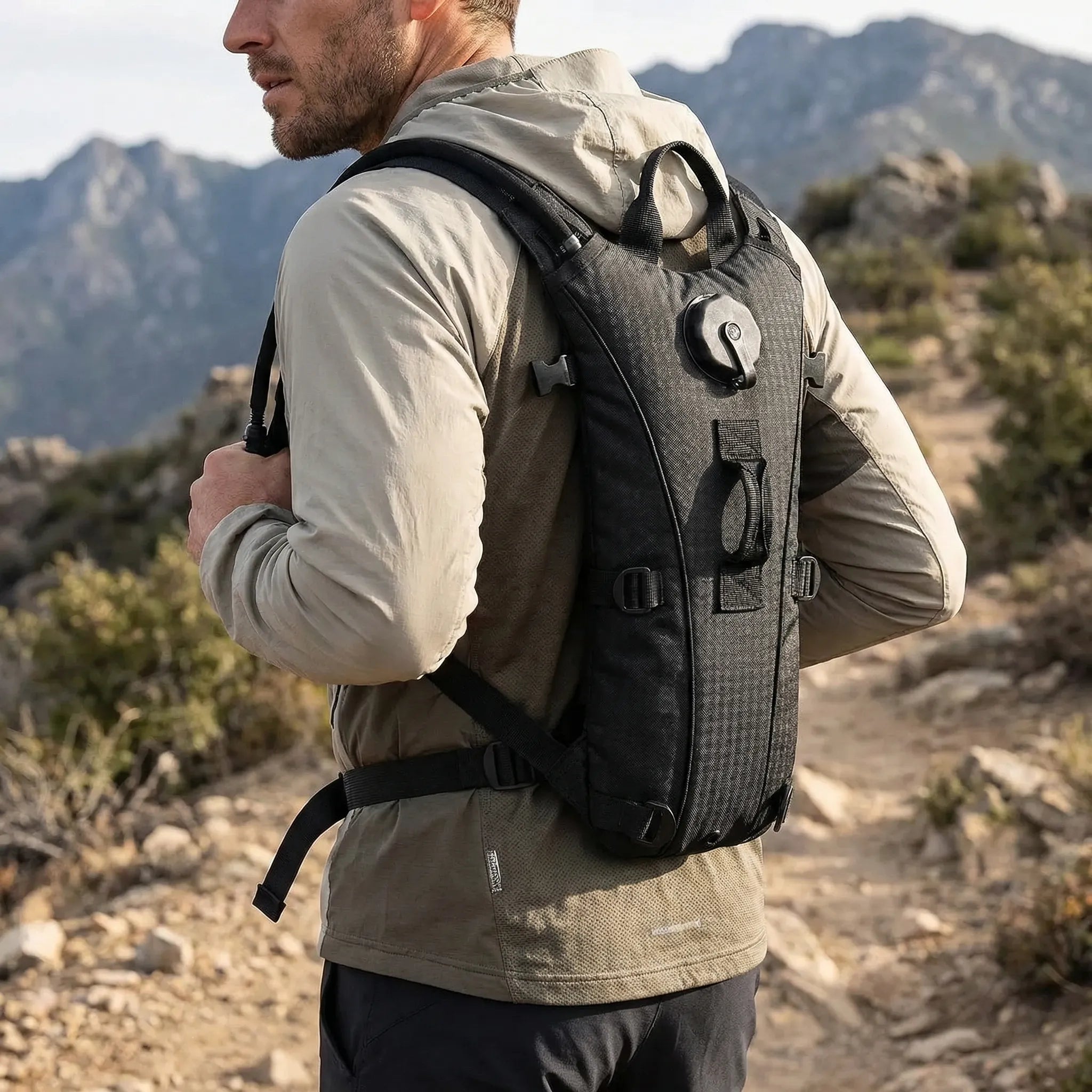 Compact hydration backpack with water-resistant fabric and hands-free drinking tube