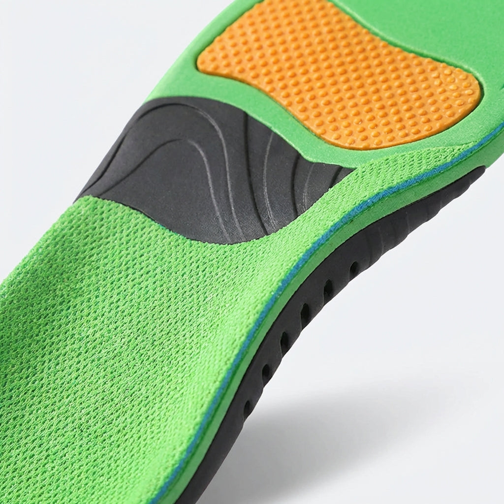 Contoured arch support insole with shock absorption cushioning