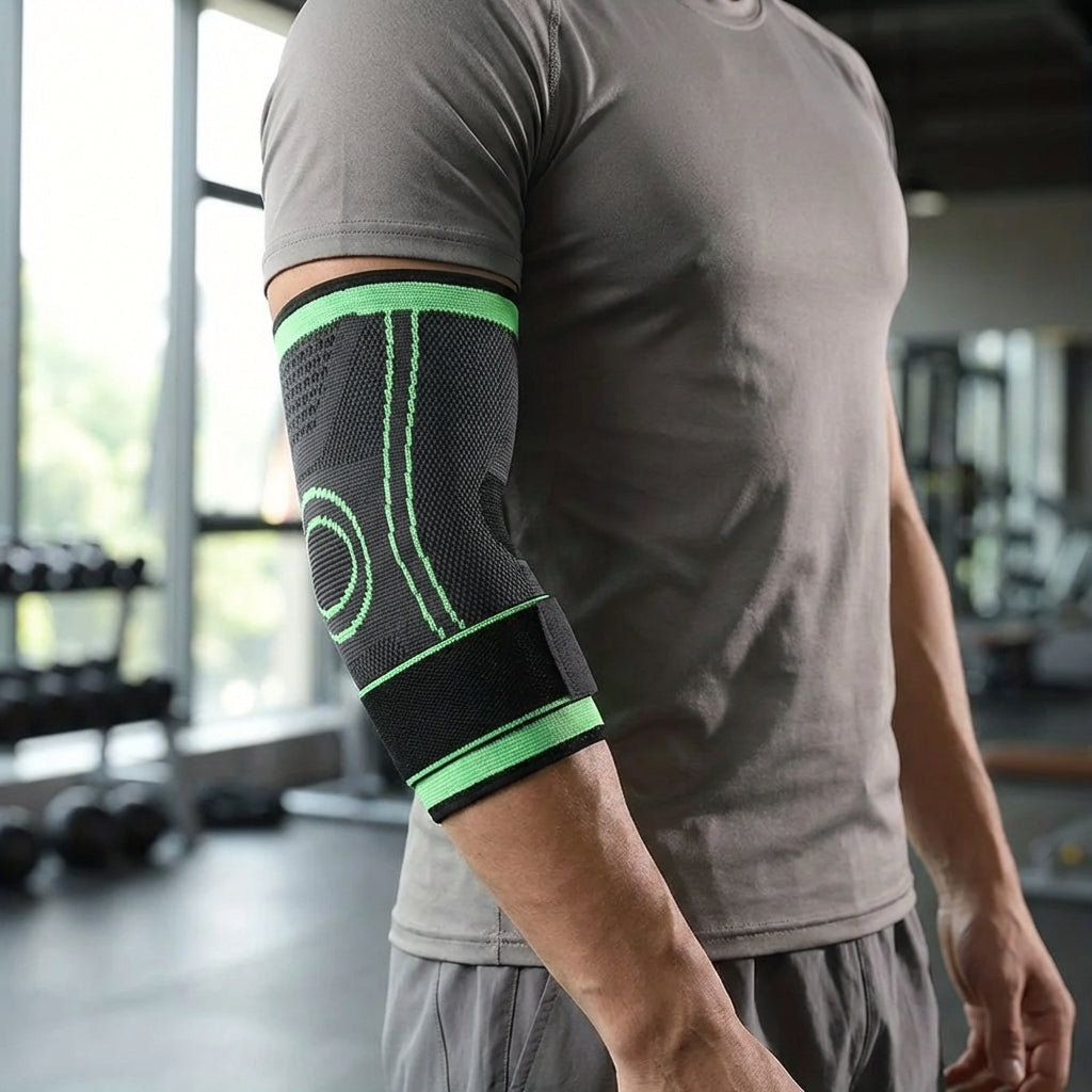 Compression elbow support sleeve with adjustable stabilizing strap