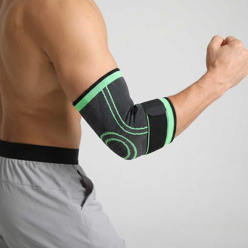 Compression elbow support sleeve with adjustable stabilizing strap