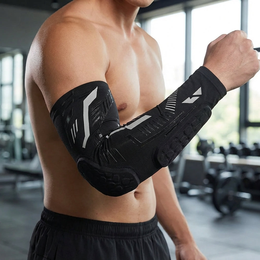 Padded compression elbow brace with targeted impact cushioning
