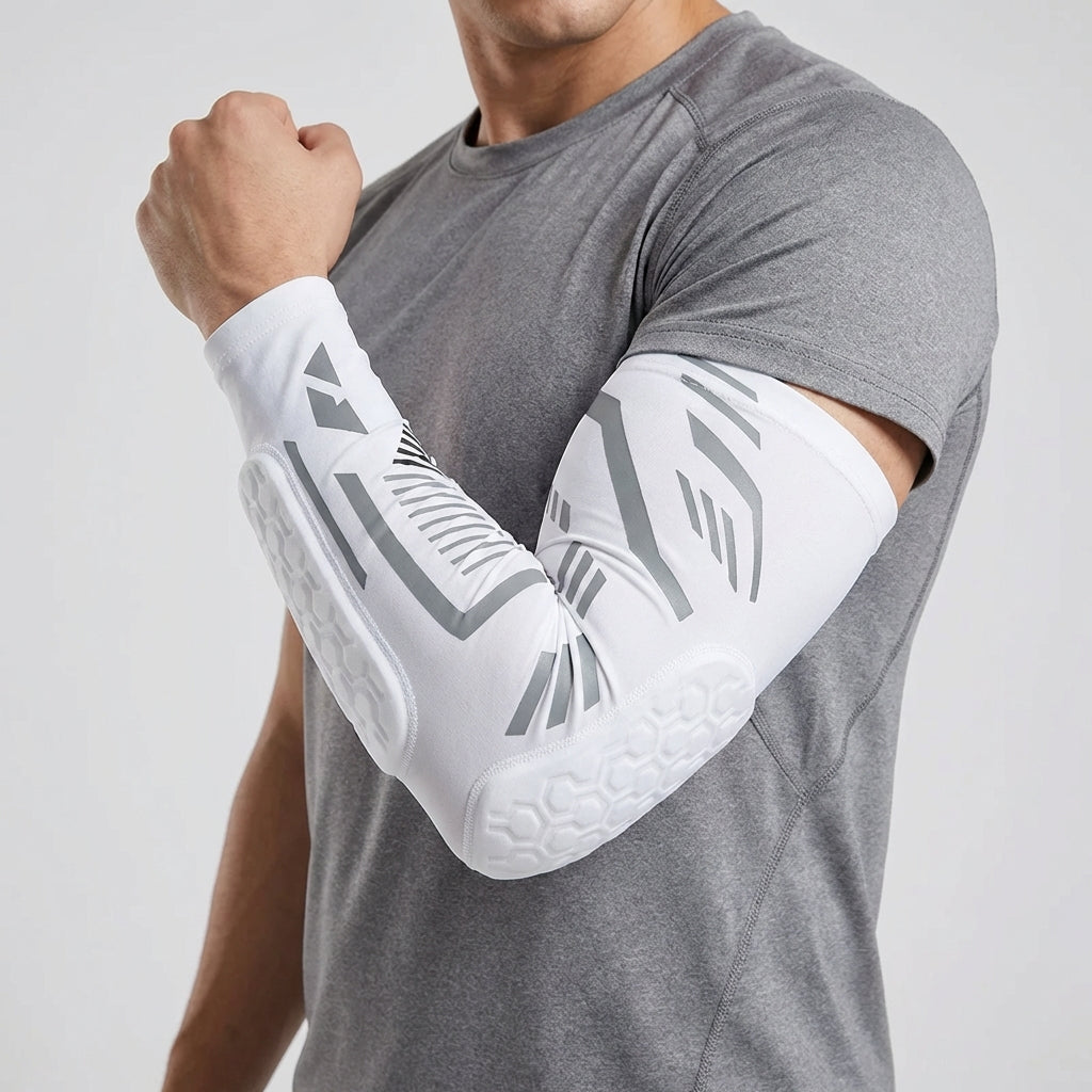 Padded compression elbow brace with targeted impact cushioning