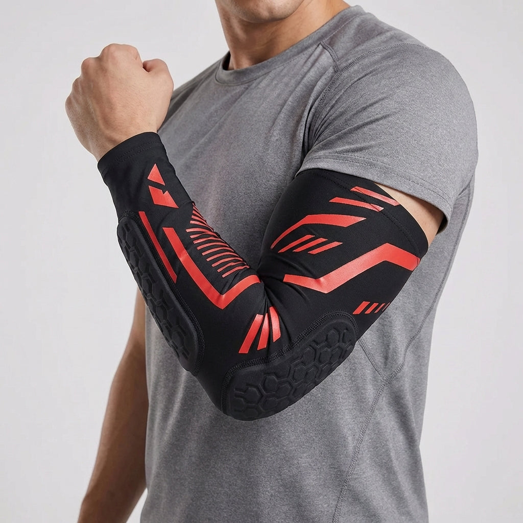 Padded compression elbow brace with targeted impact cushioning