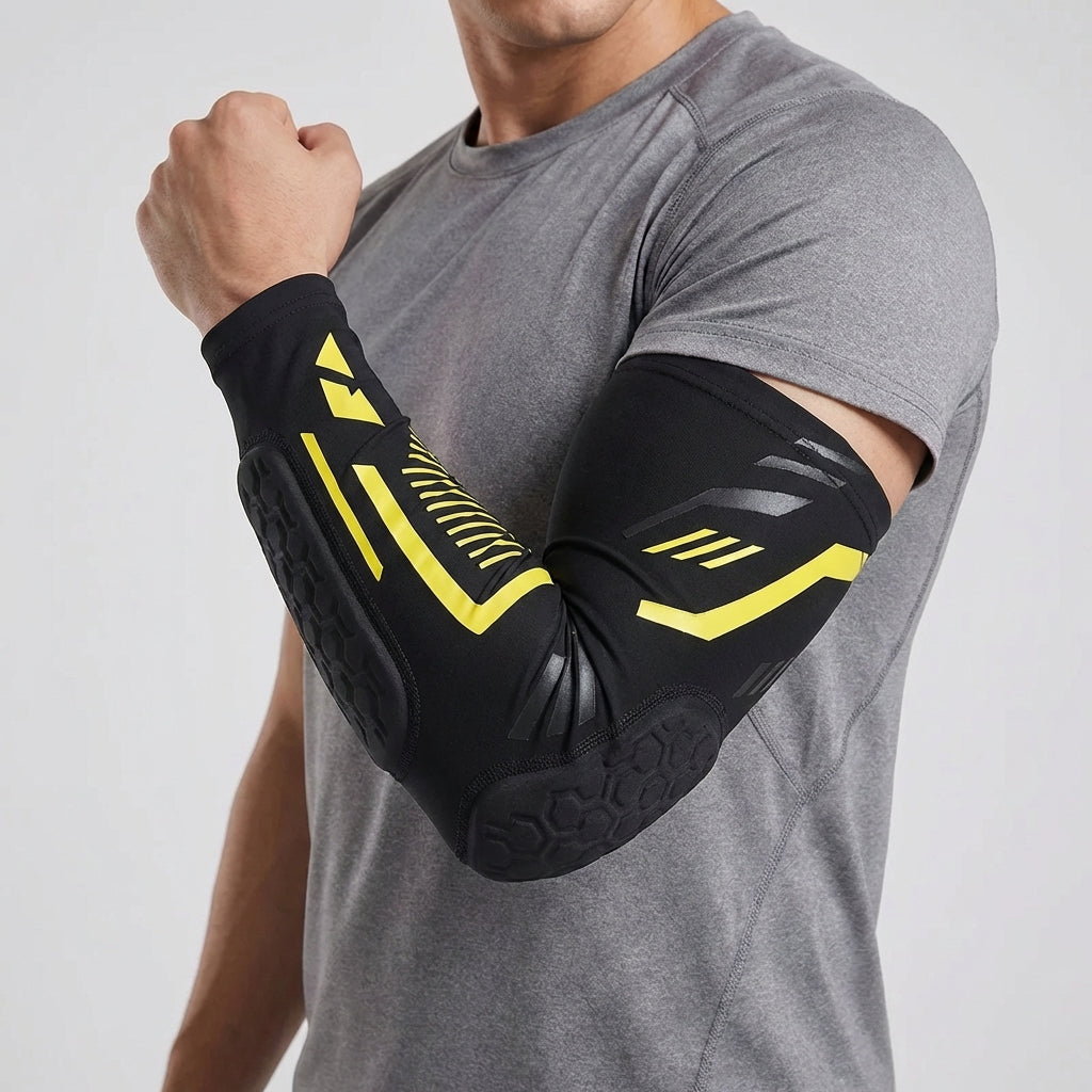 Padded compression elbow brace with targeted impact cushioning