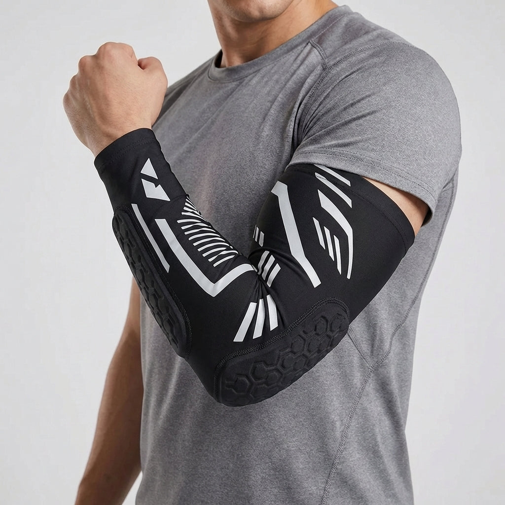 Padded compression elbow brace with targeted impact cushioning