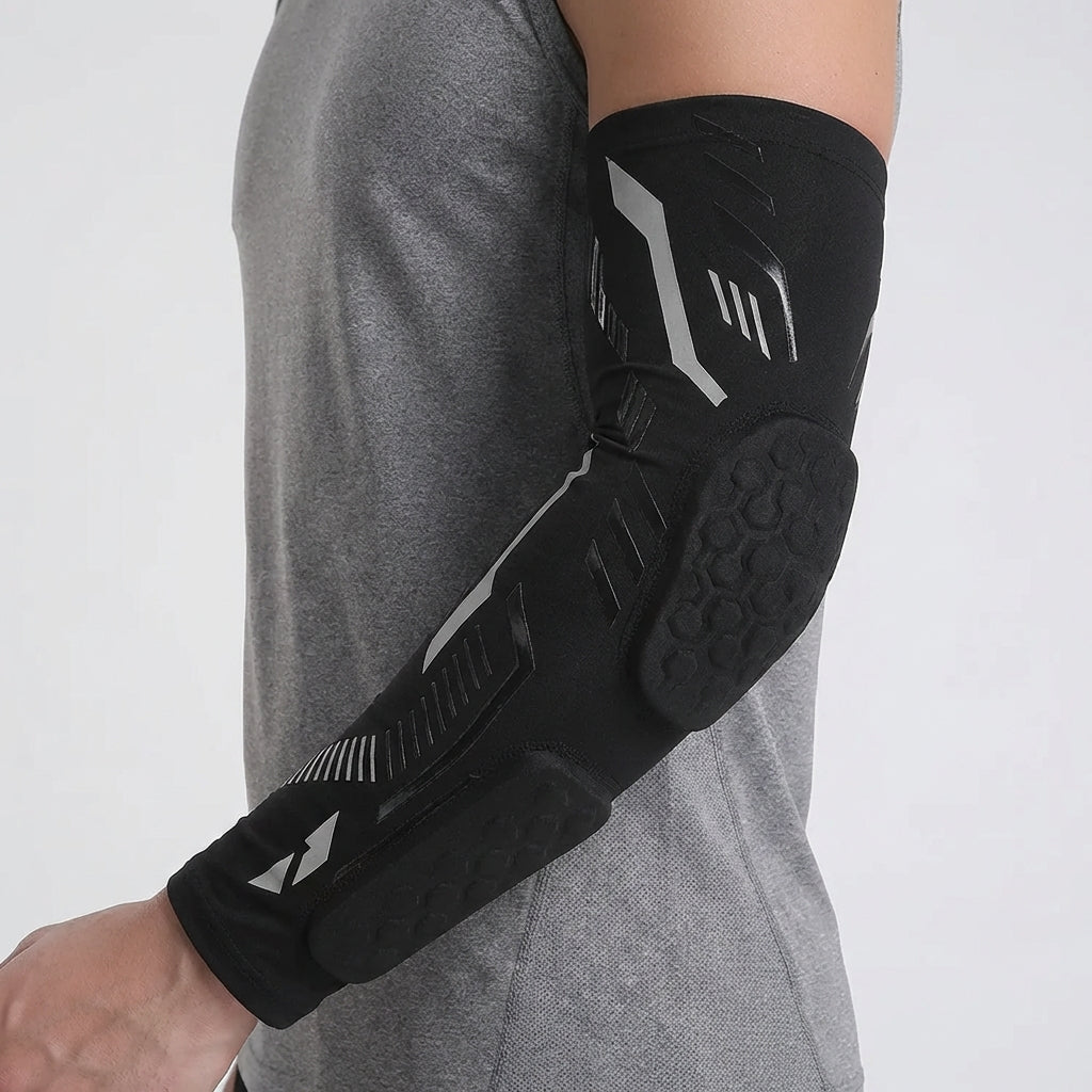 Padded compression elbow brace with targeted impact cushioning