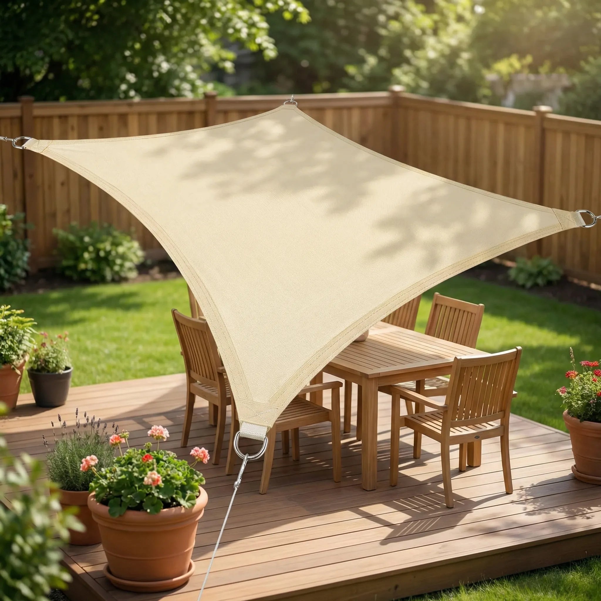 Large rectangular shade sail with reinforced corners and breathable polyester weave