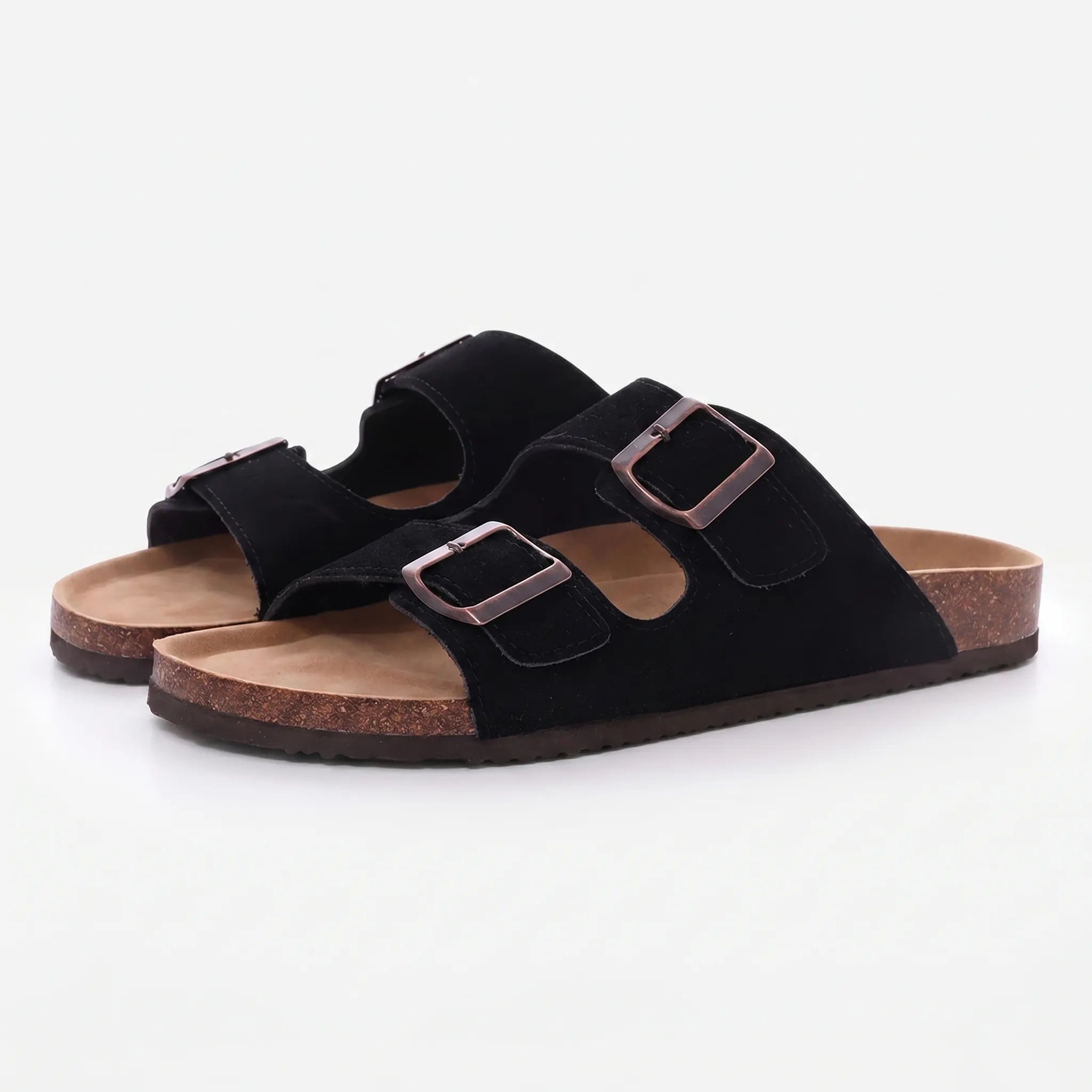 Two-strap slip-on sandals with adjustable buckles and open toe