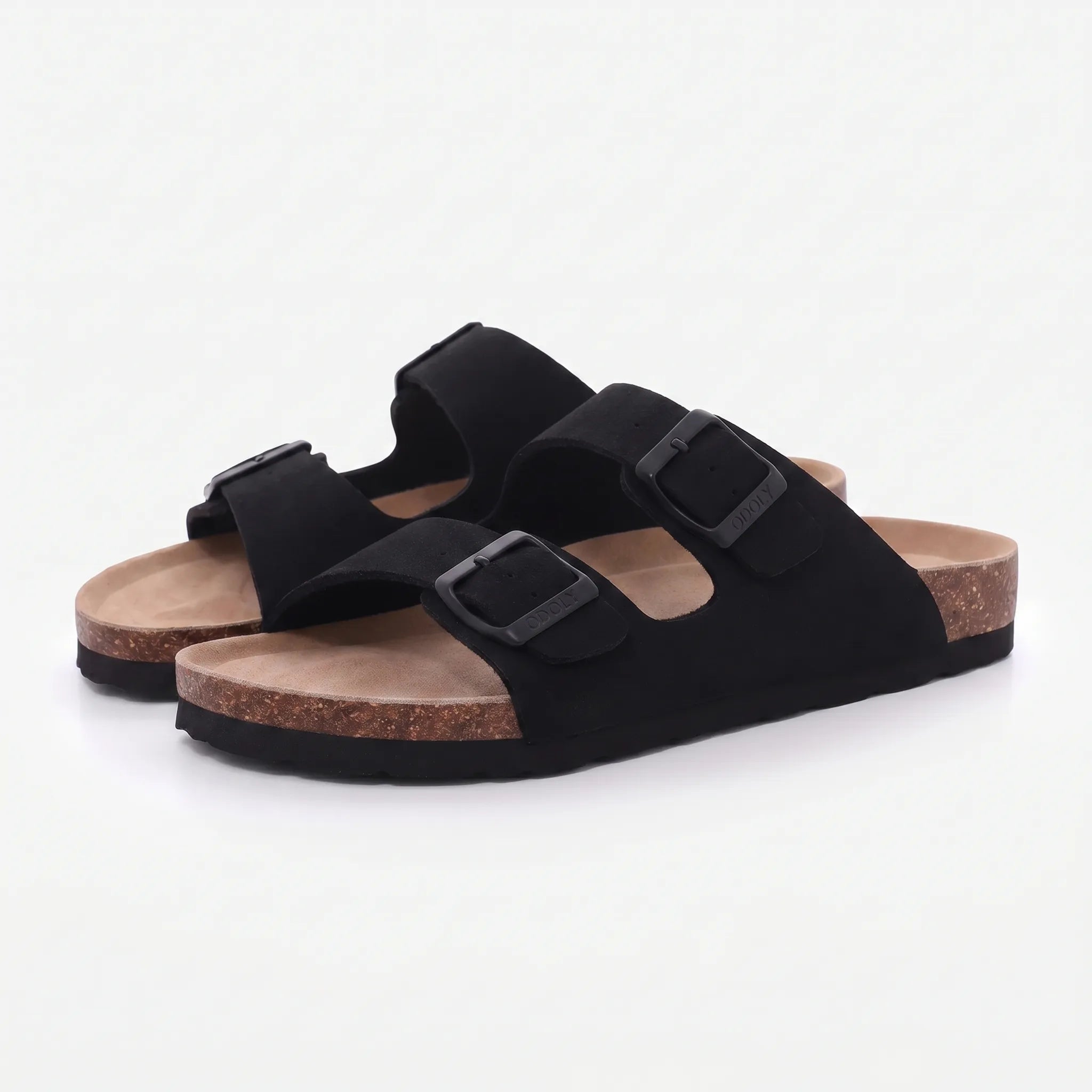 Two-strap slip-on sandals with adjustable buckles and open toe