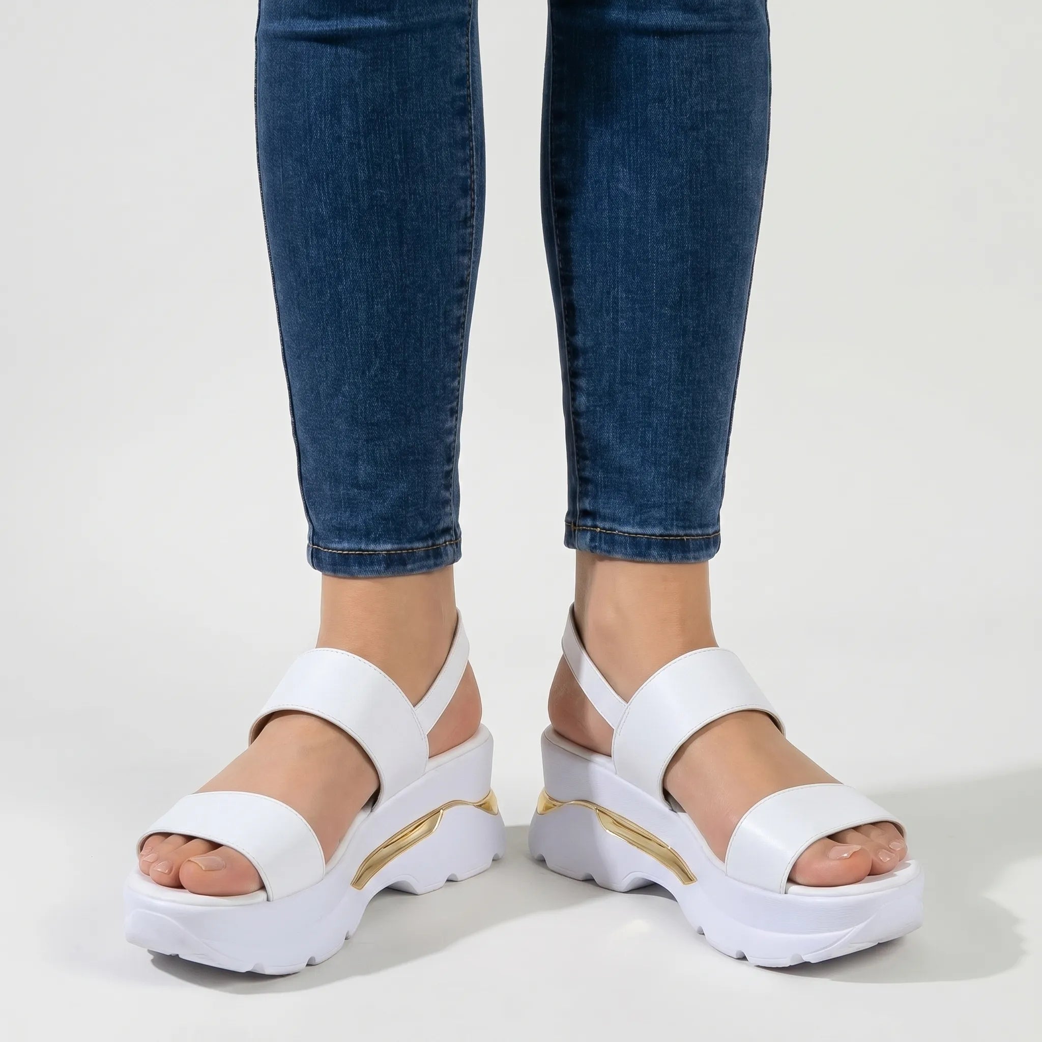 Chunky plateau wedge sandal with wide textured straps and open toe